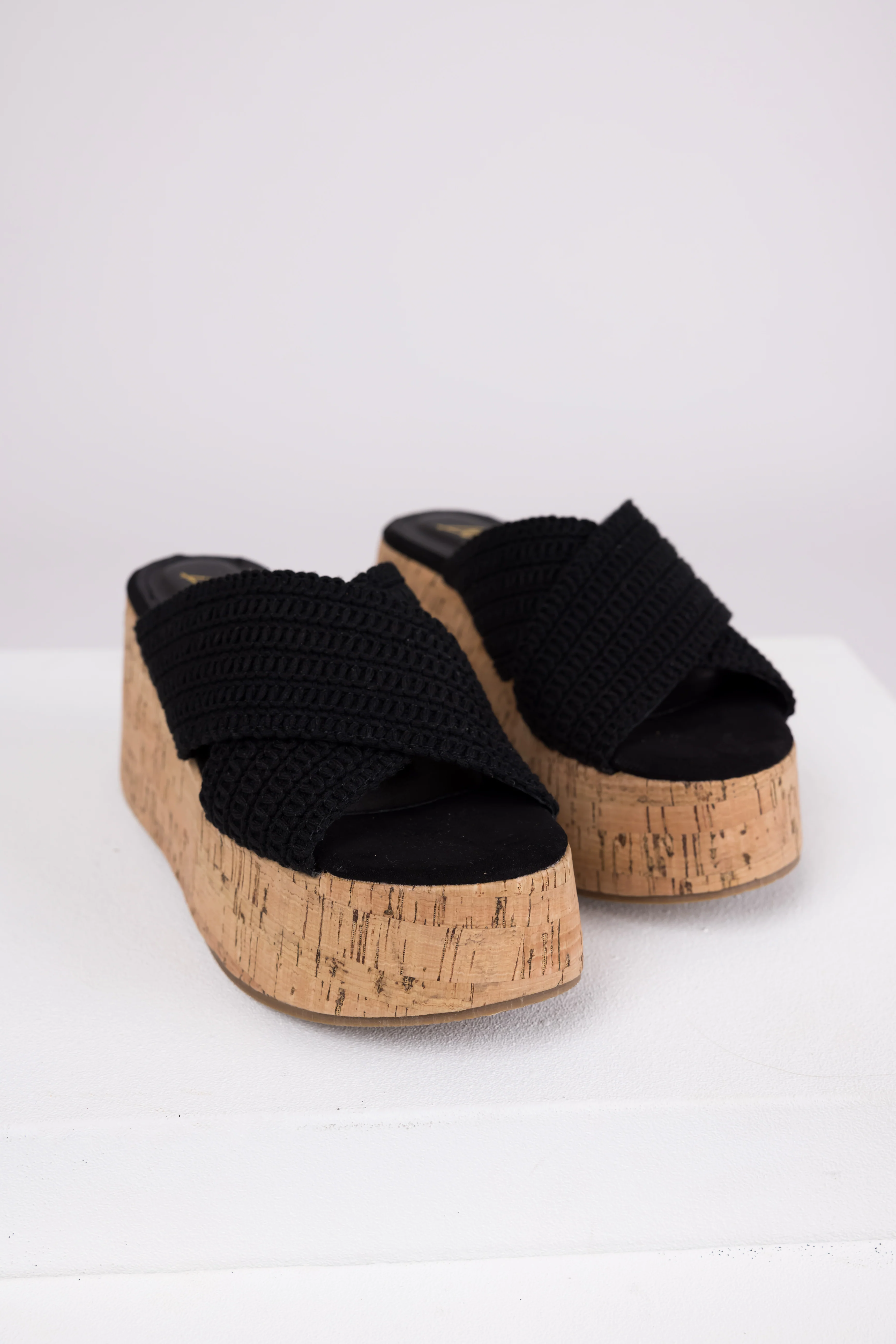 Black Crochet Cross Strap Cork Platform Wedges - LD SALE