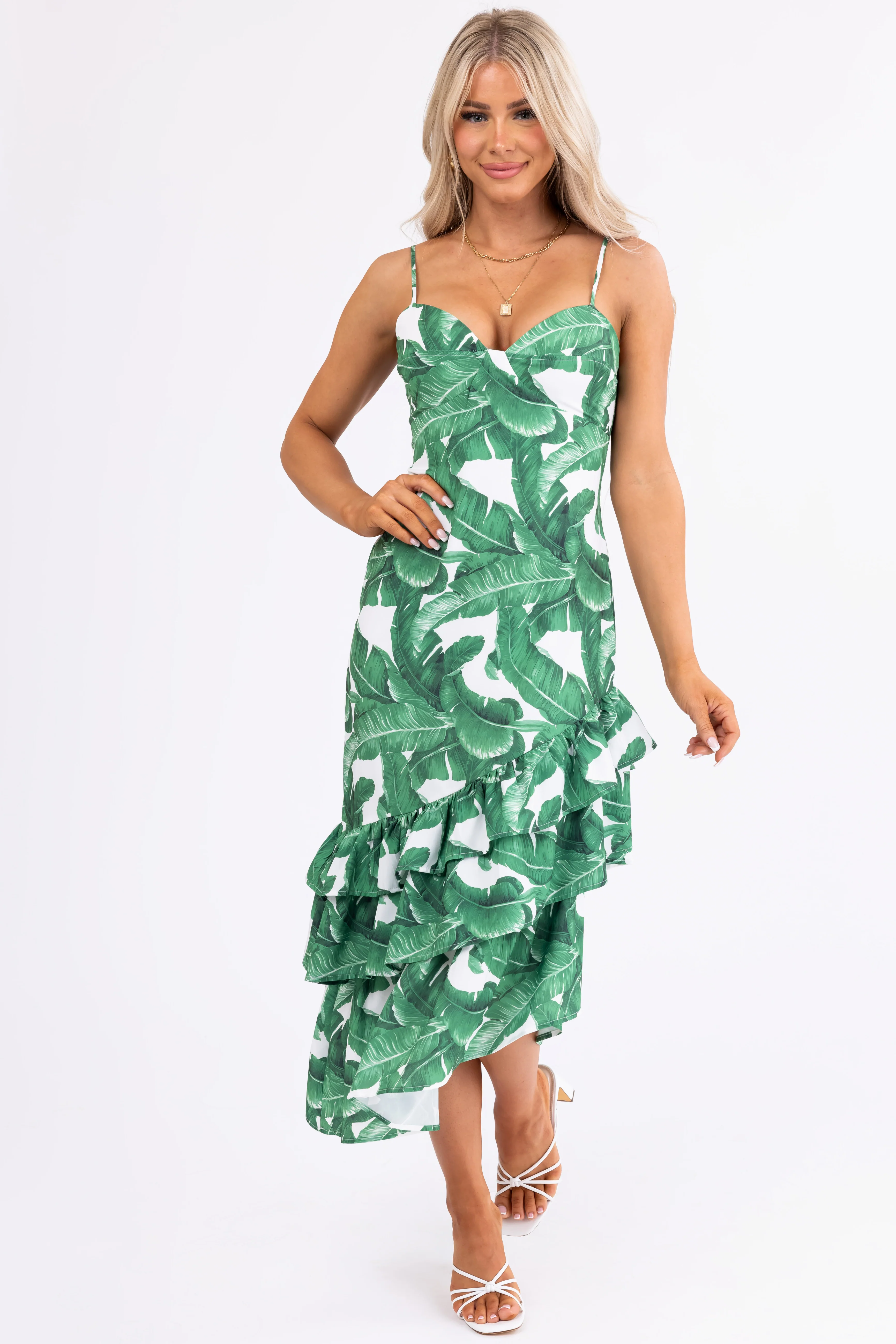 Ivory and Hunter Green Leaf Print Midi Dress - LD SALE