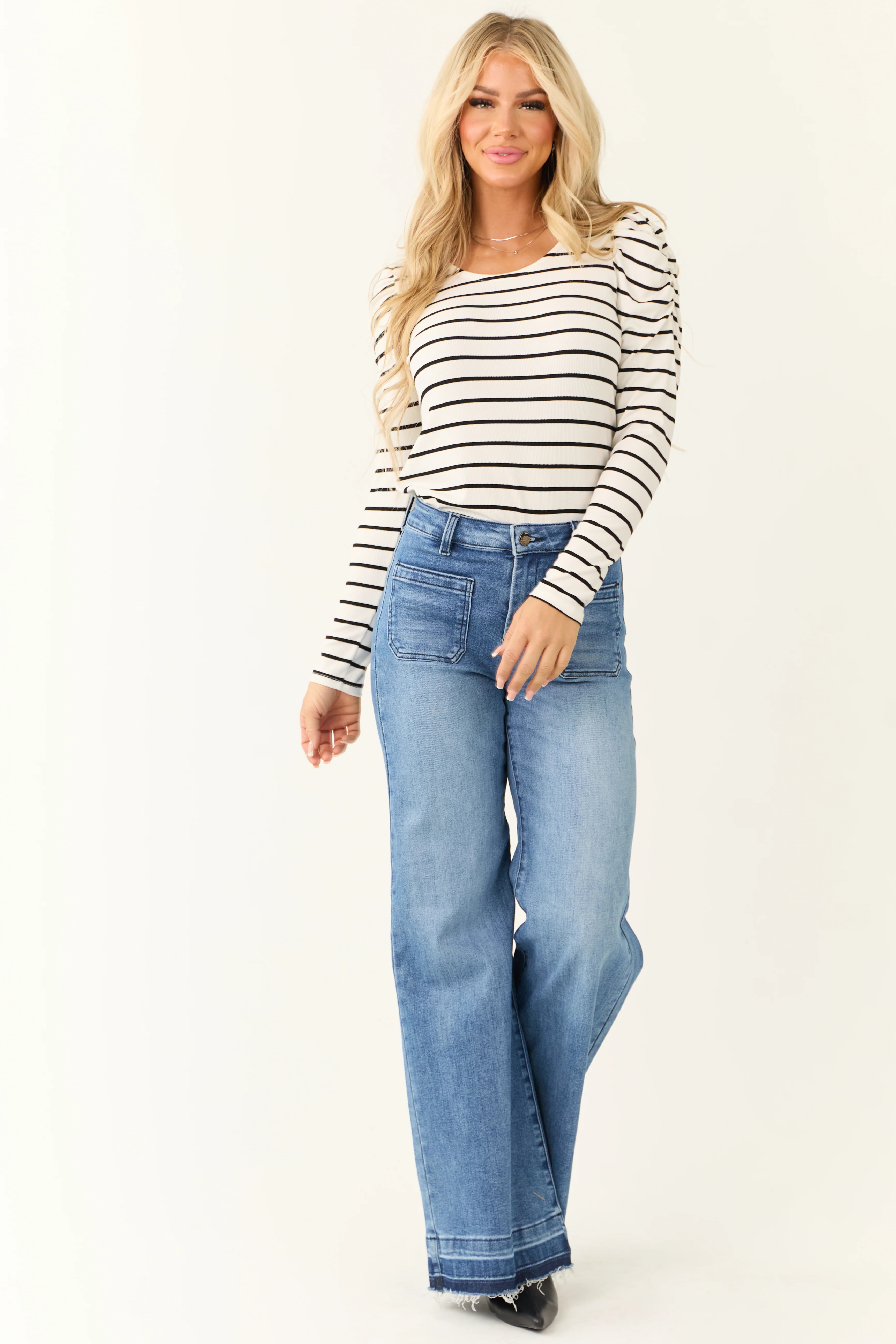 Ivory Striped Long Sleeve Ruched Top - LD SALE