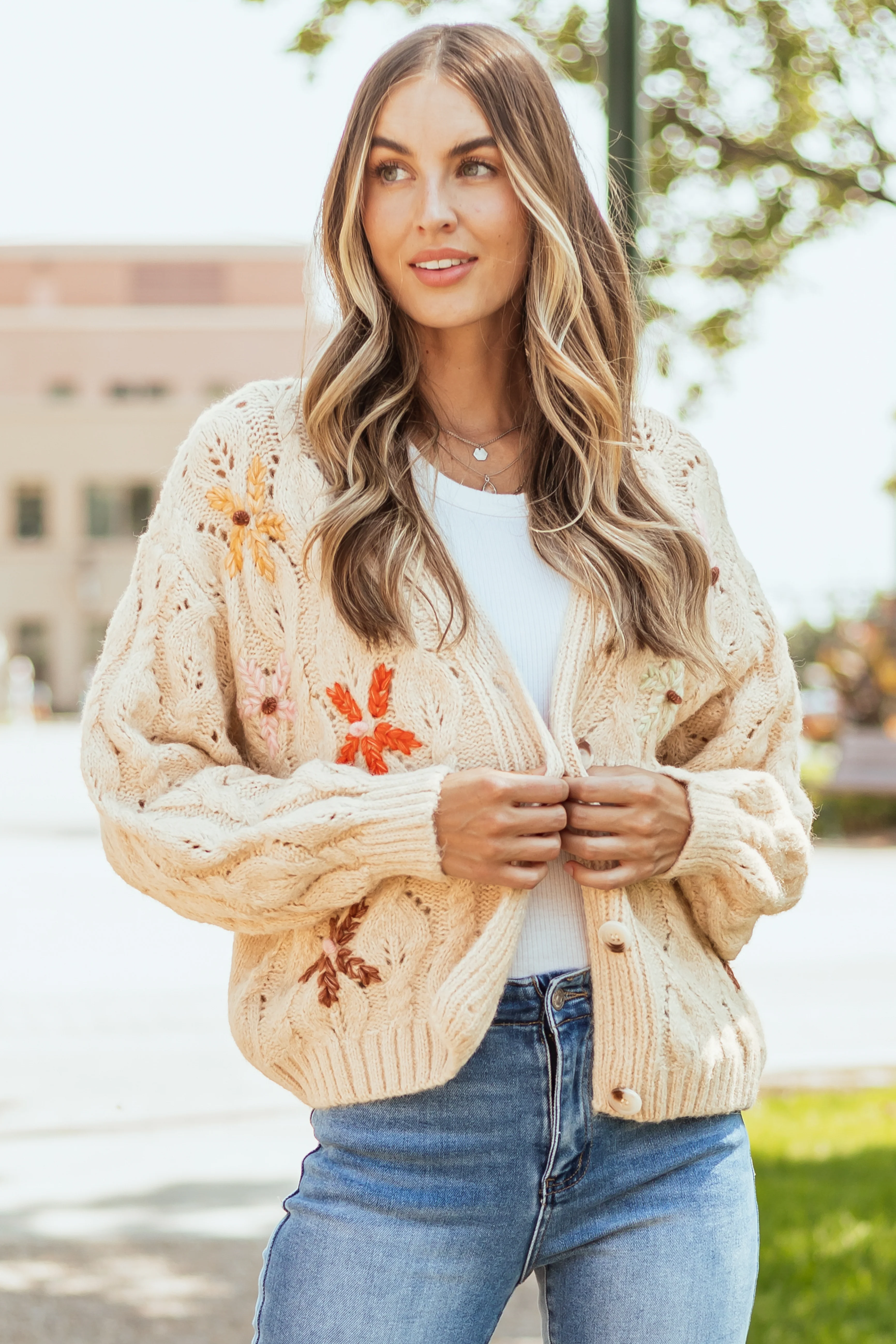 Sand Button Down Floral Embroidered Cardigan - LD SALE