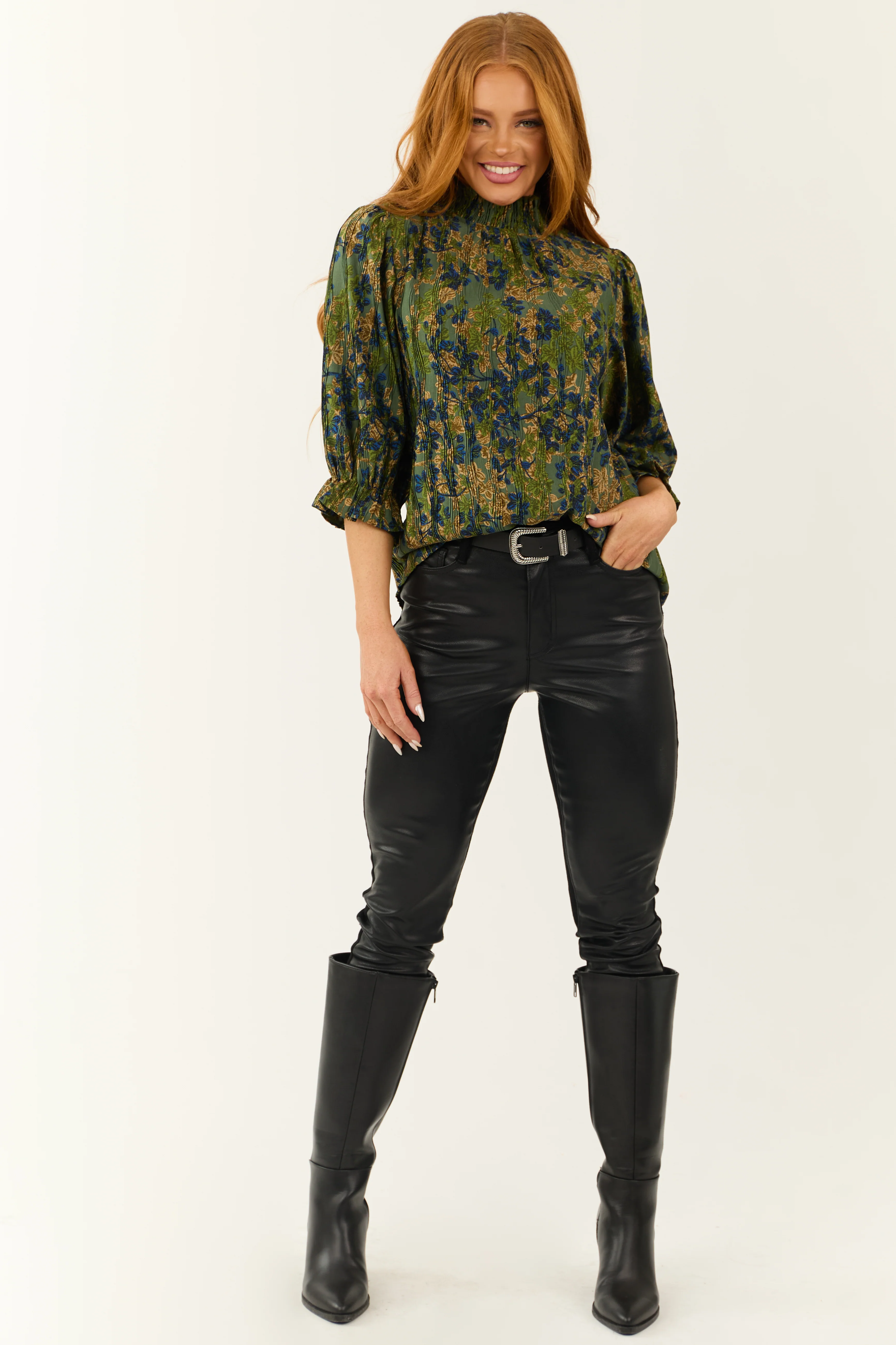 Juniper Floral Print Pleated Mock Neck Top - LD SALE