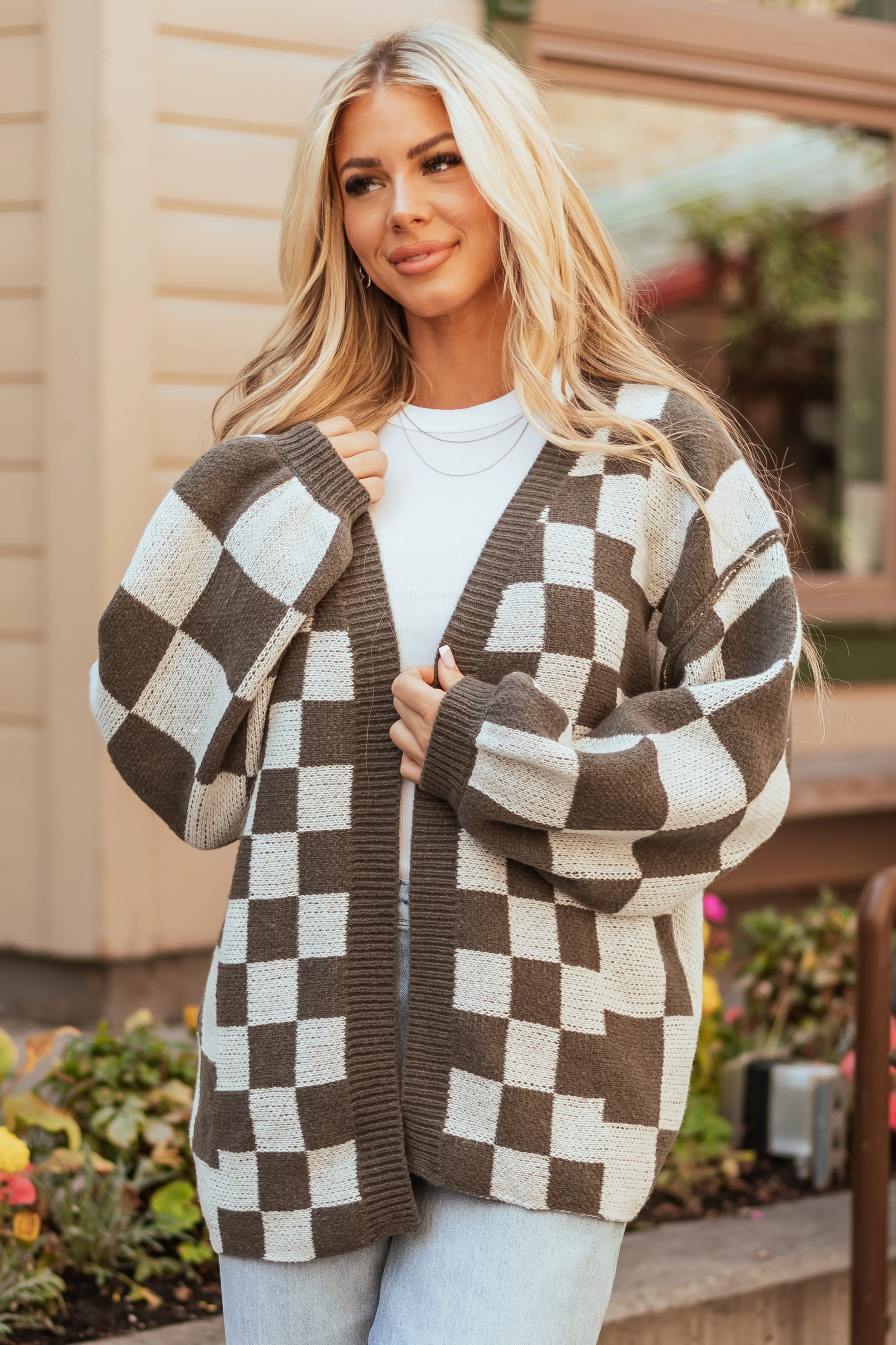 Ash and White Abstract Checkered Oversized Cardigan - LD SALE