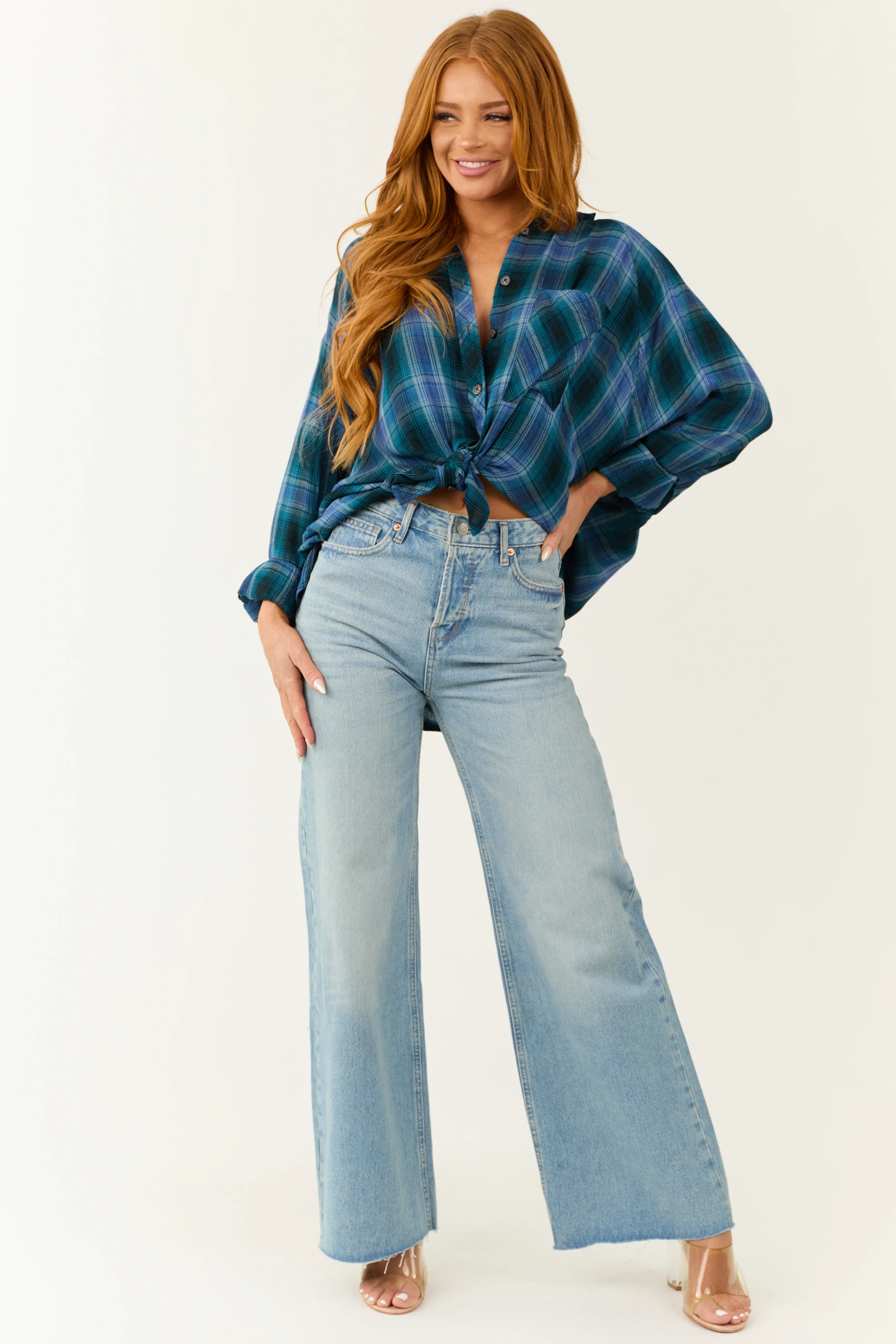 Ocean Plaid Button Up Long Sleeve Flannel Shirt - LD SALE