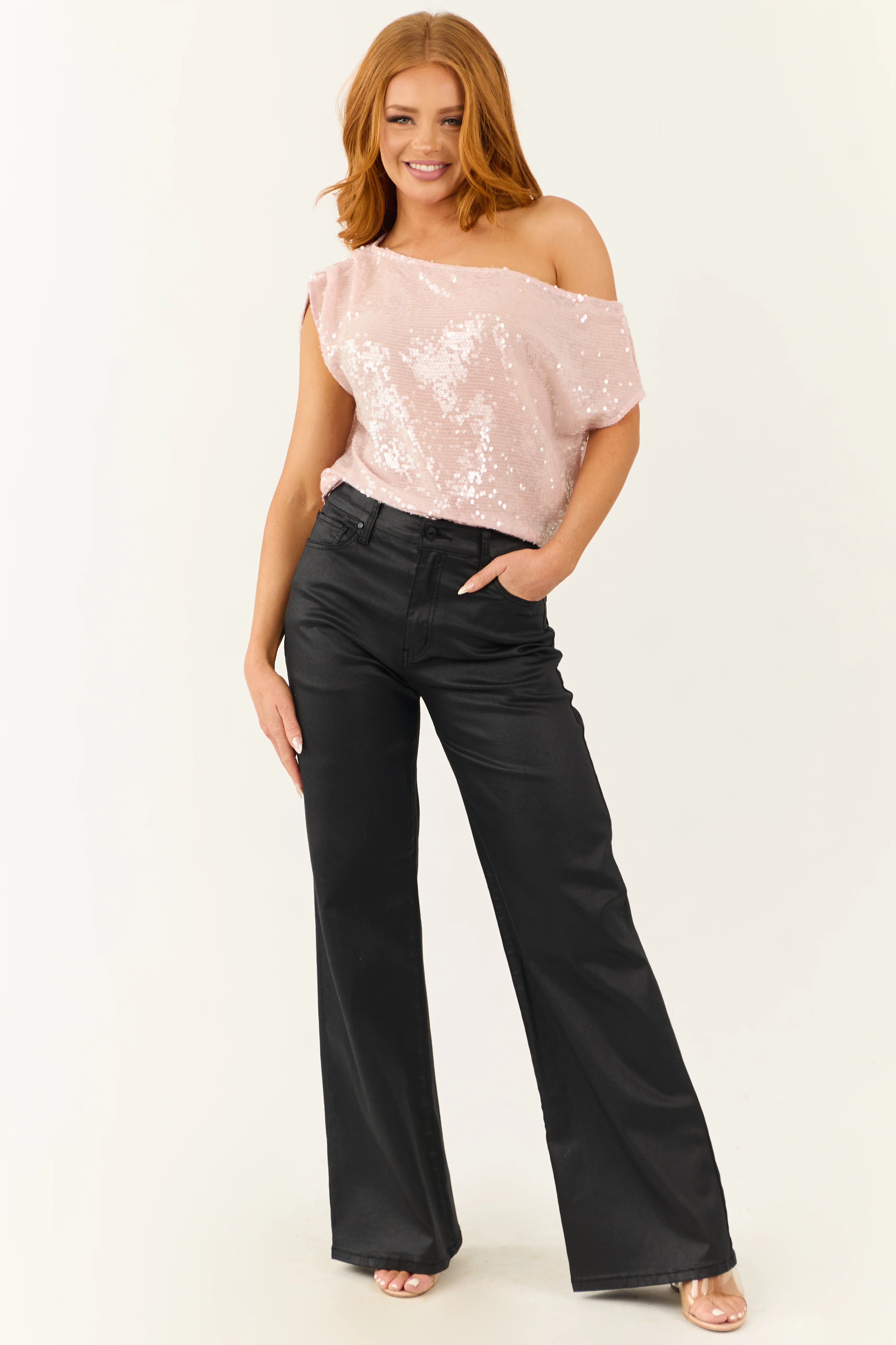 Dusty Blush Sequined Off the Shoulder Top - LD SALE
