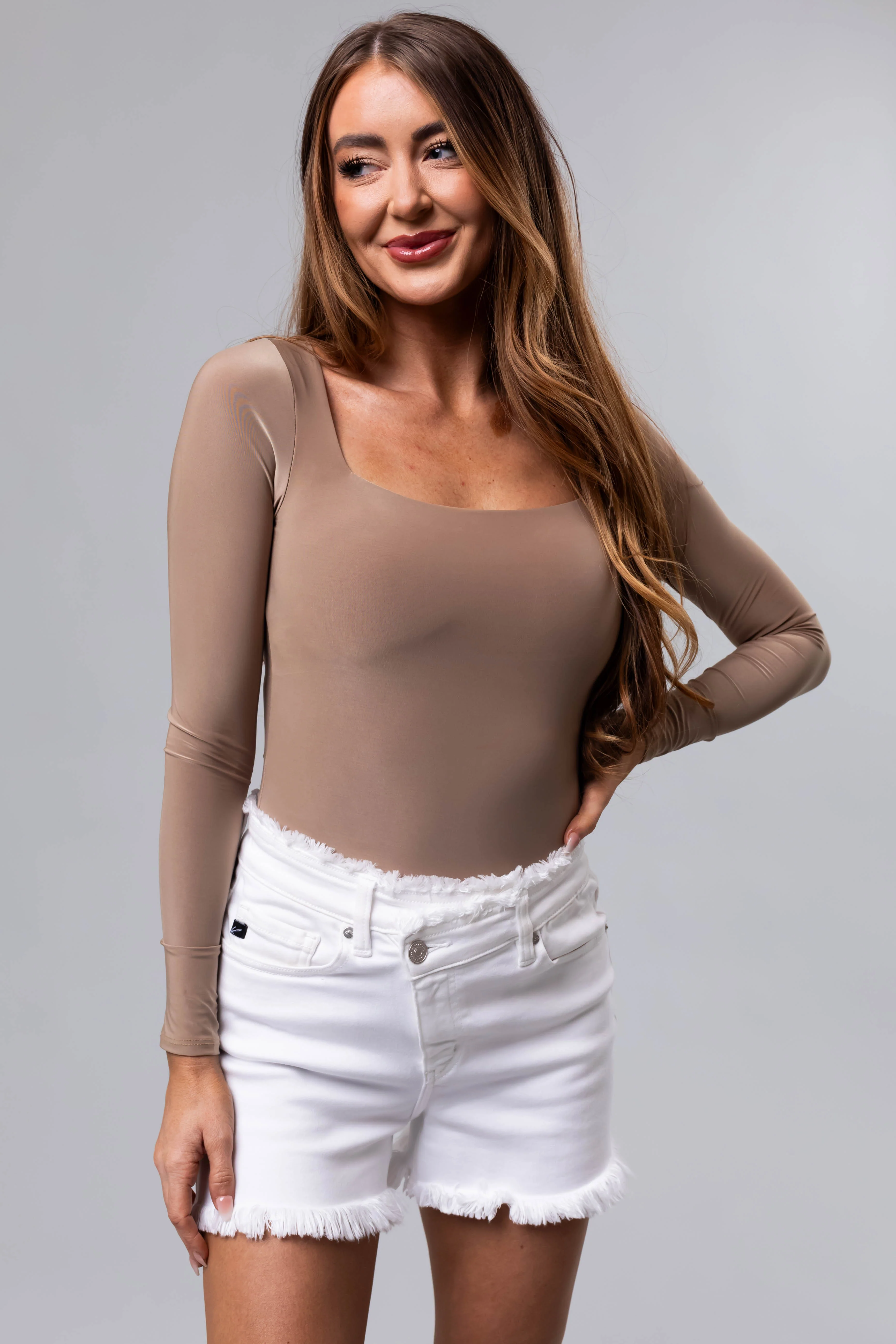 Khaki Square Neck Long Sleeve Solid Bodysuit - LD SALE