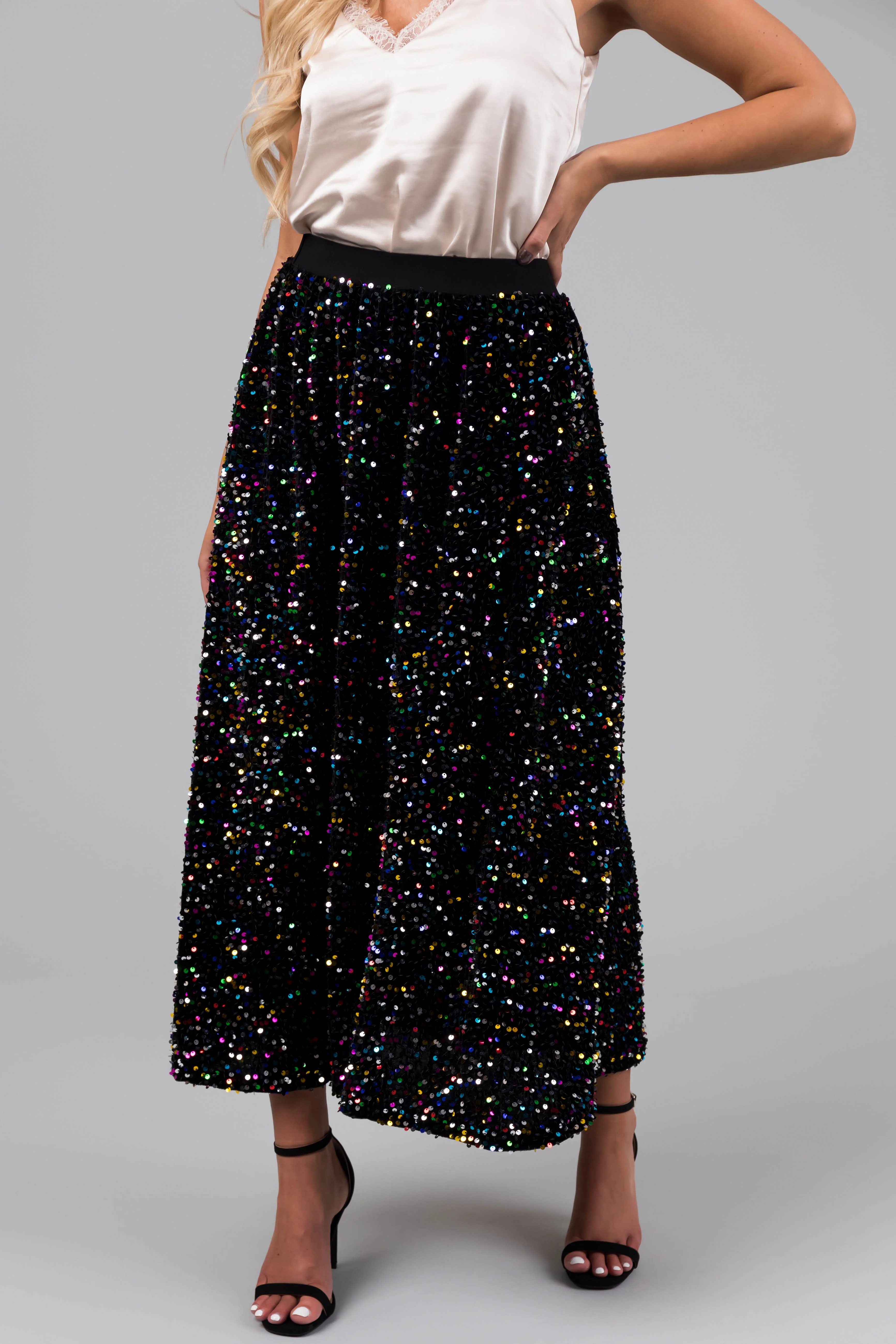 Black Colorful Sequin Velvet Midi Skirt - LD SALE