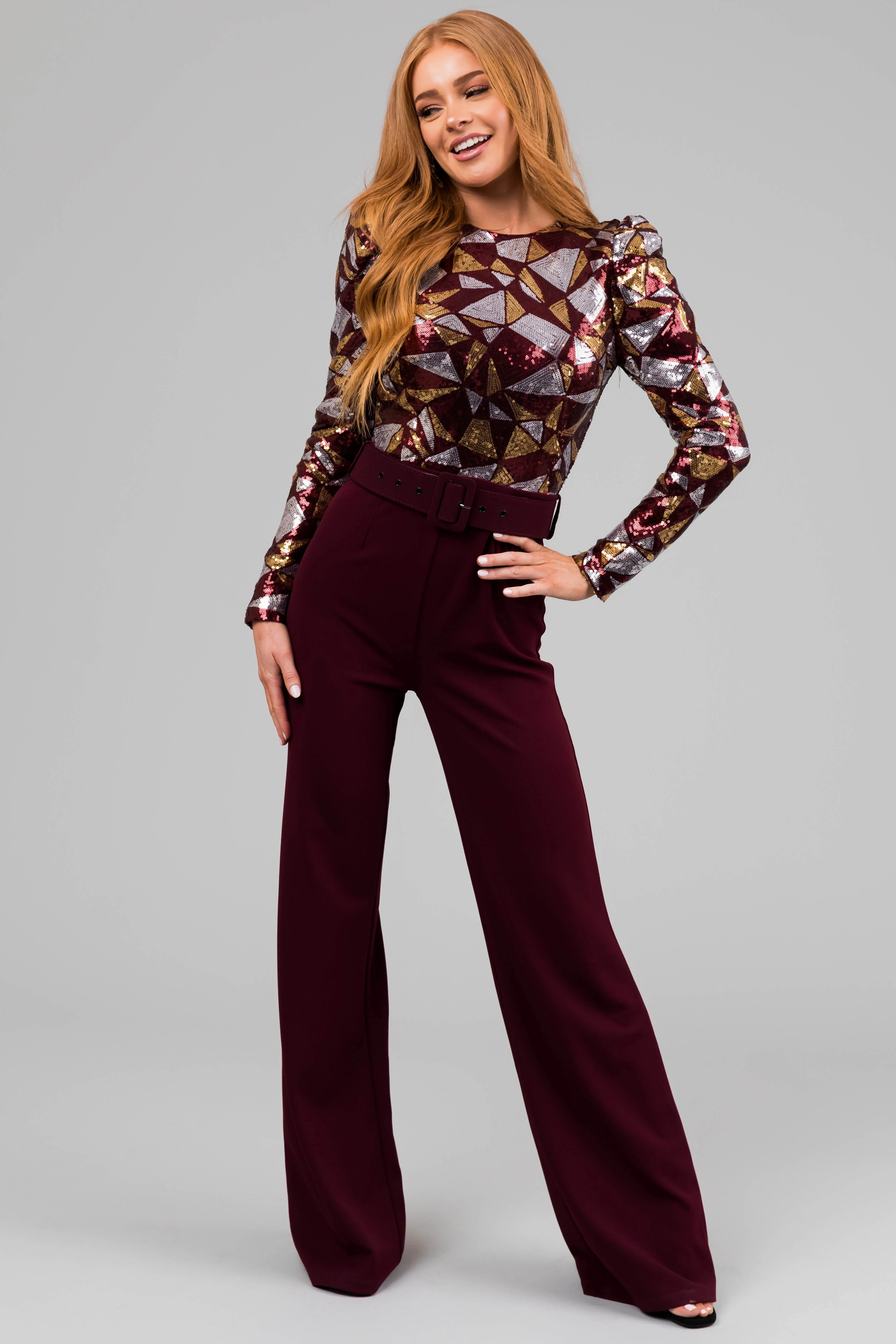 Wine Abstract Sequin Print Wide Leg Jumpsuit - LD SALE