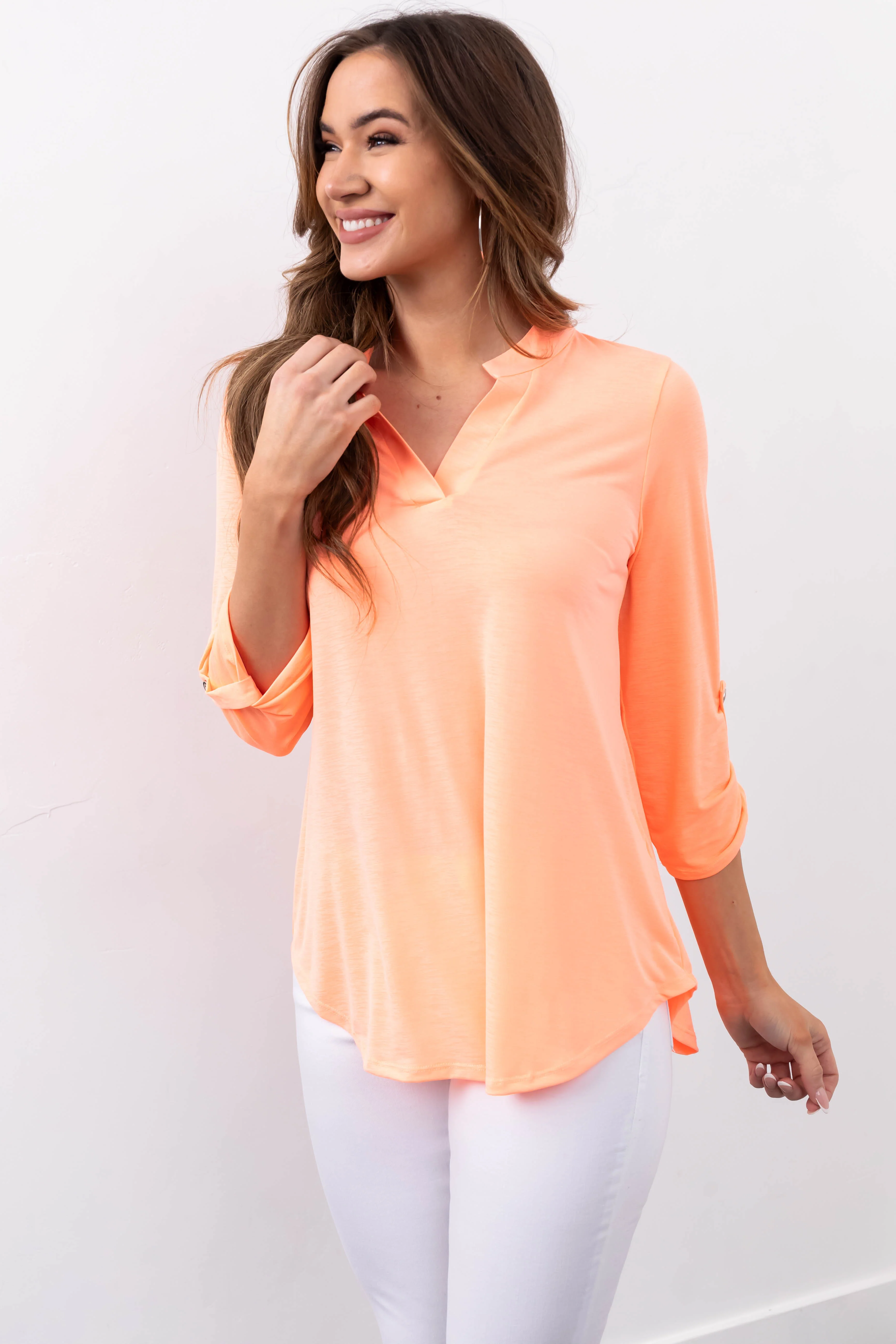 Neon Orange Notch Neck Cuffed Sleeve Top - LD SALE
