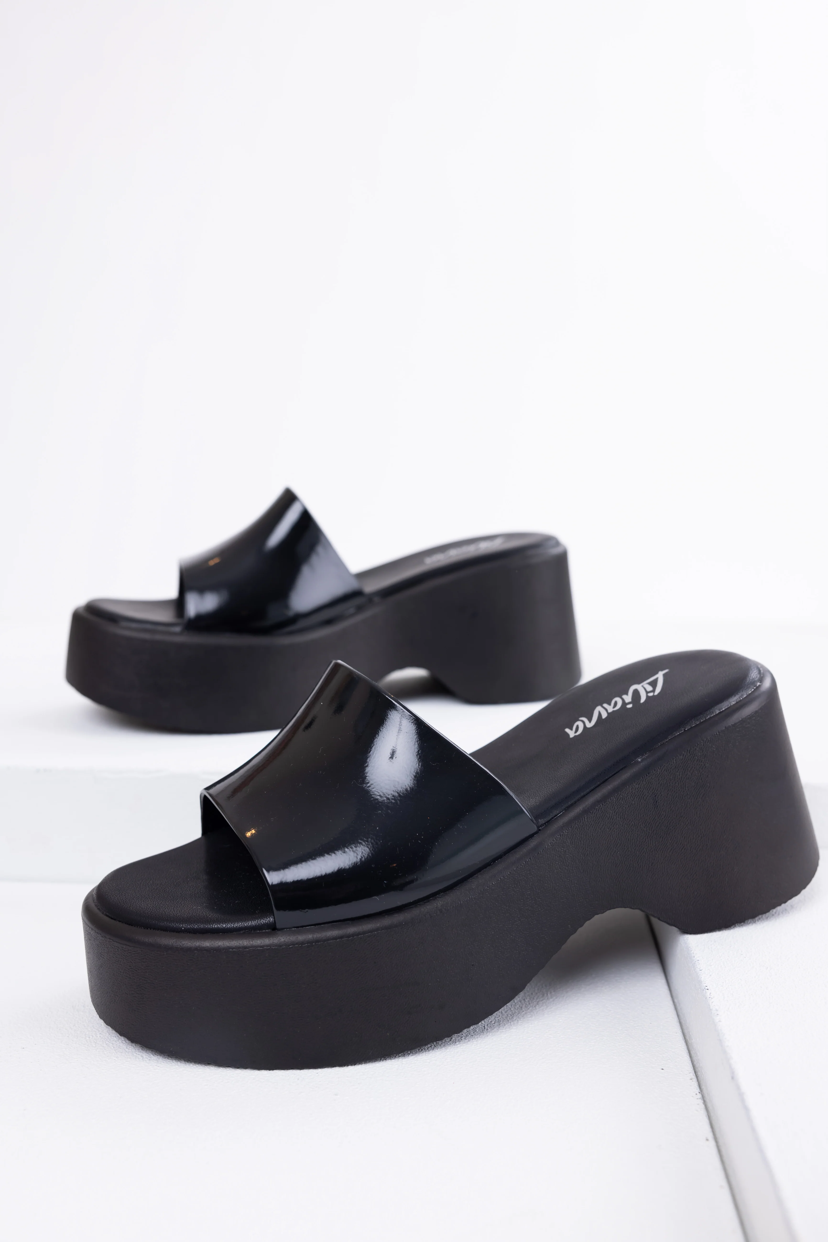 Black Single Band Platform Wedge Sandals - LD SALE