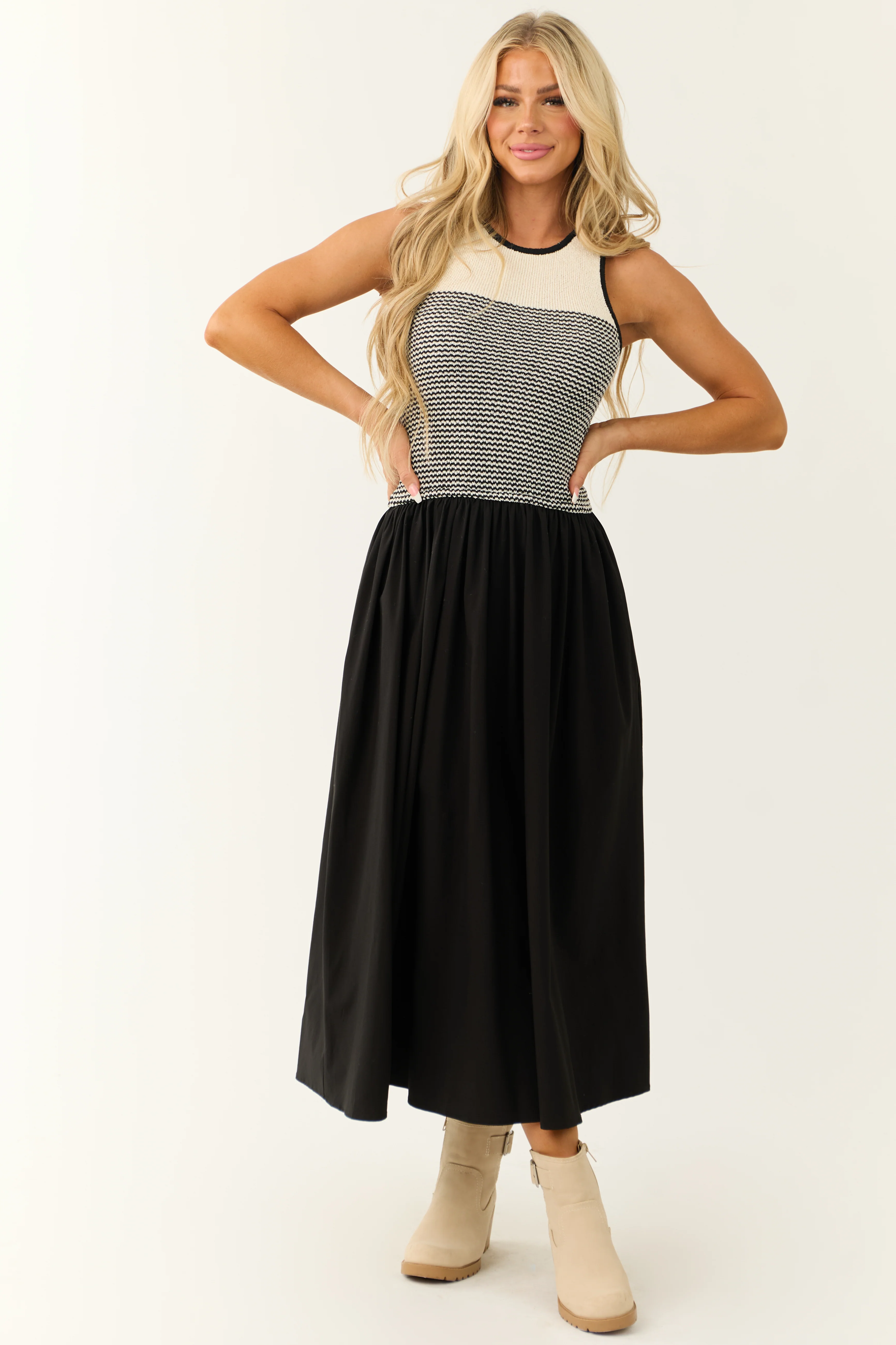 Black and Cream Sleeveless Striped Midi Dress - LD SALE