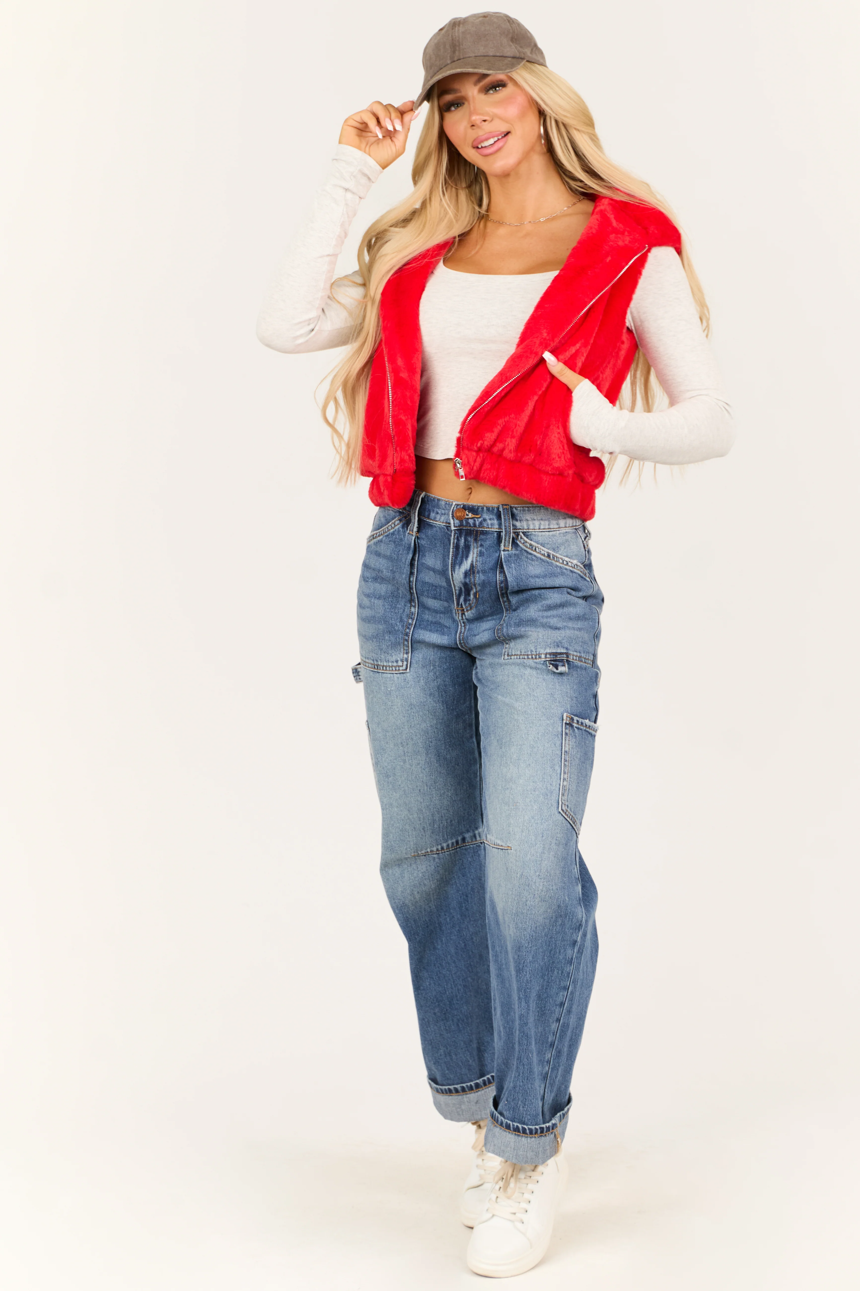 Lipstick Faux Fur Zip Up Hoodie Vest with Pockets - LD SALE