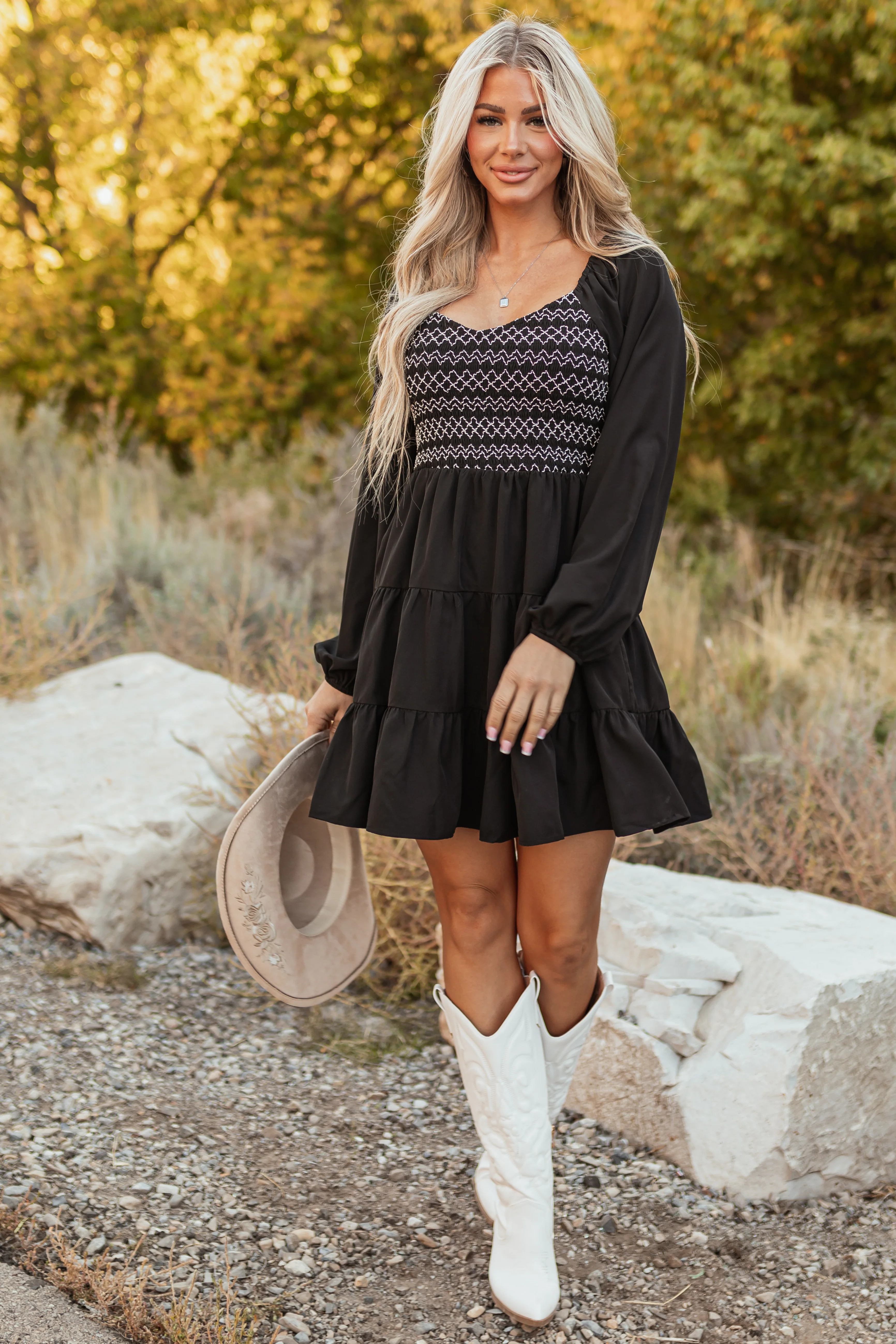 Black Contrast Smocked Long Sleeve Mini Dress - LD SALE