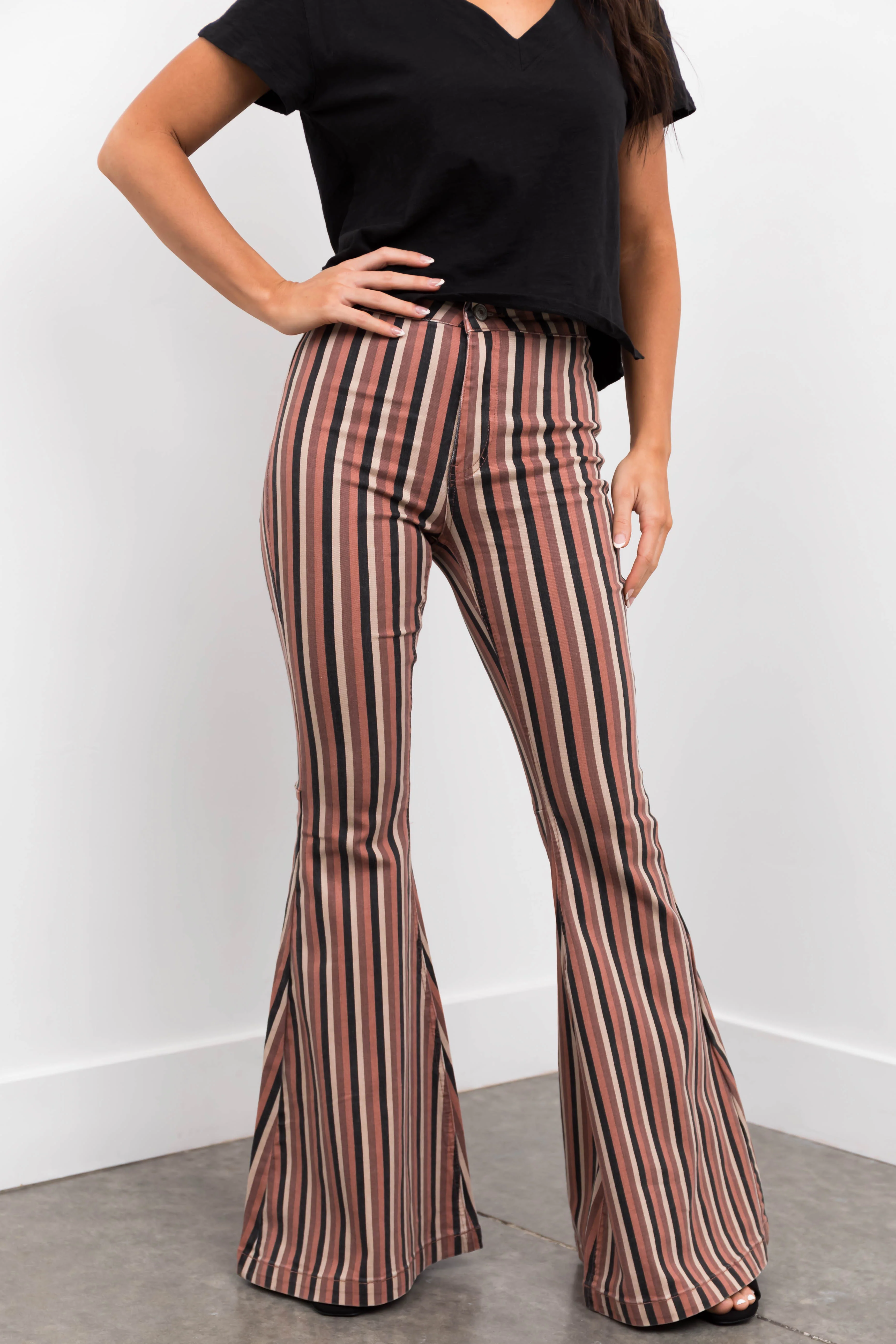 KanCan Rose Taupe Striped Super Flare Jeans - LD SALE