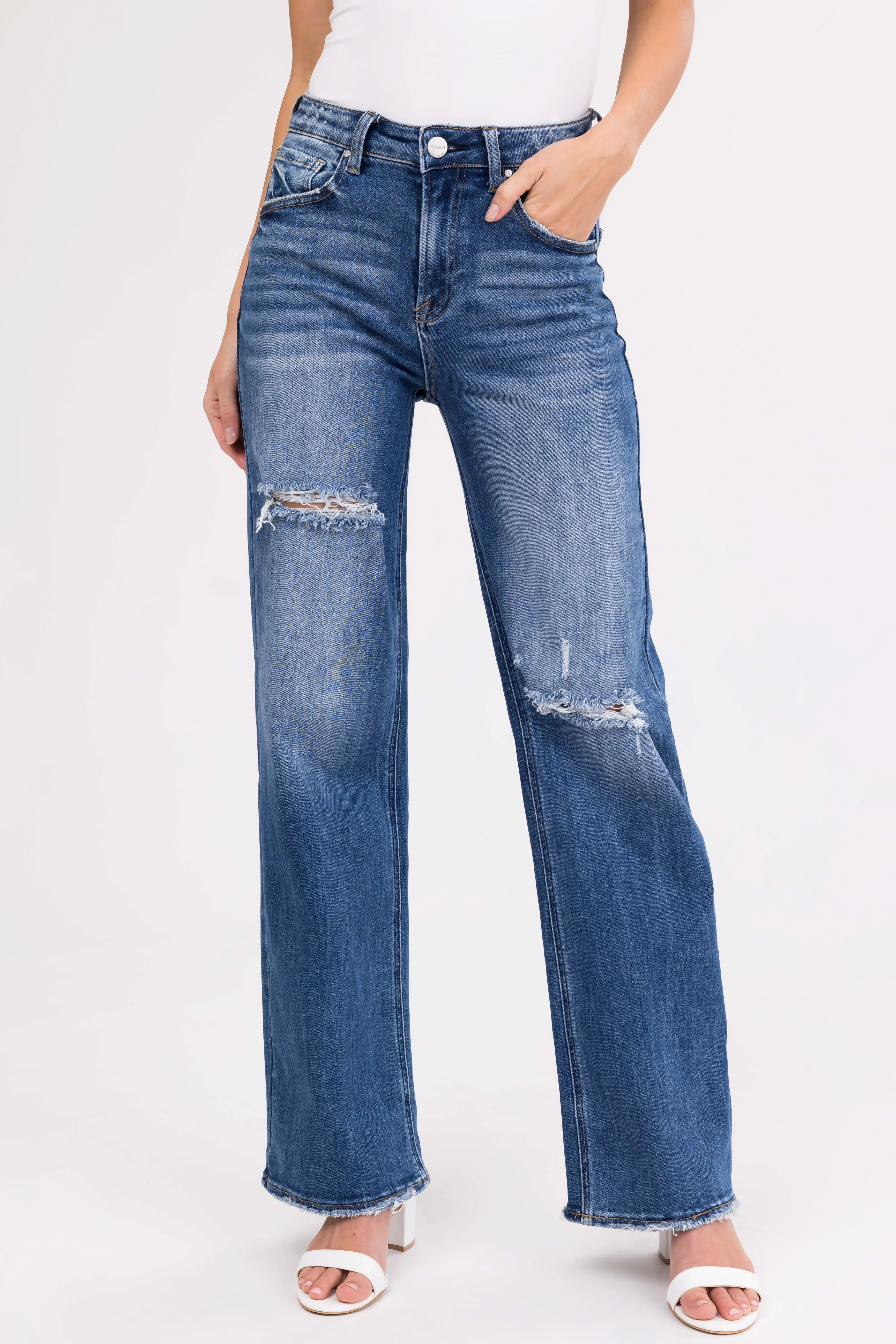 Risen Dark Wash Straight Leg Distressed Jeans - LD SALE