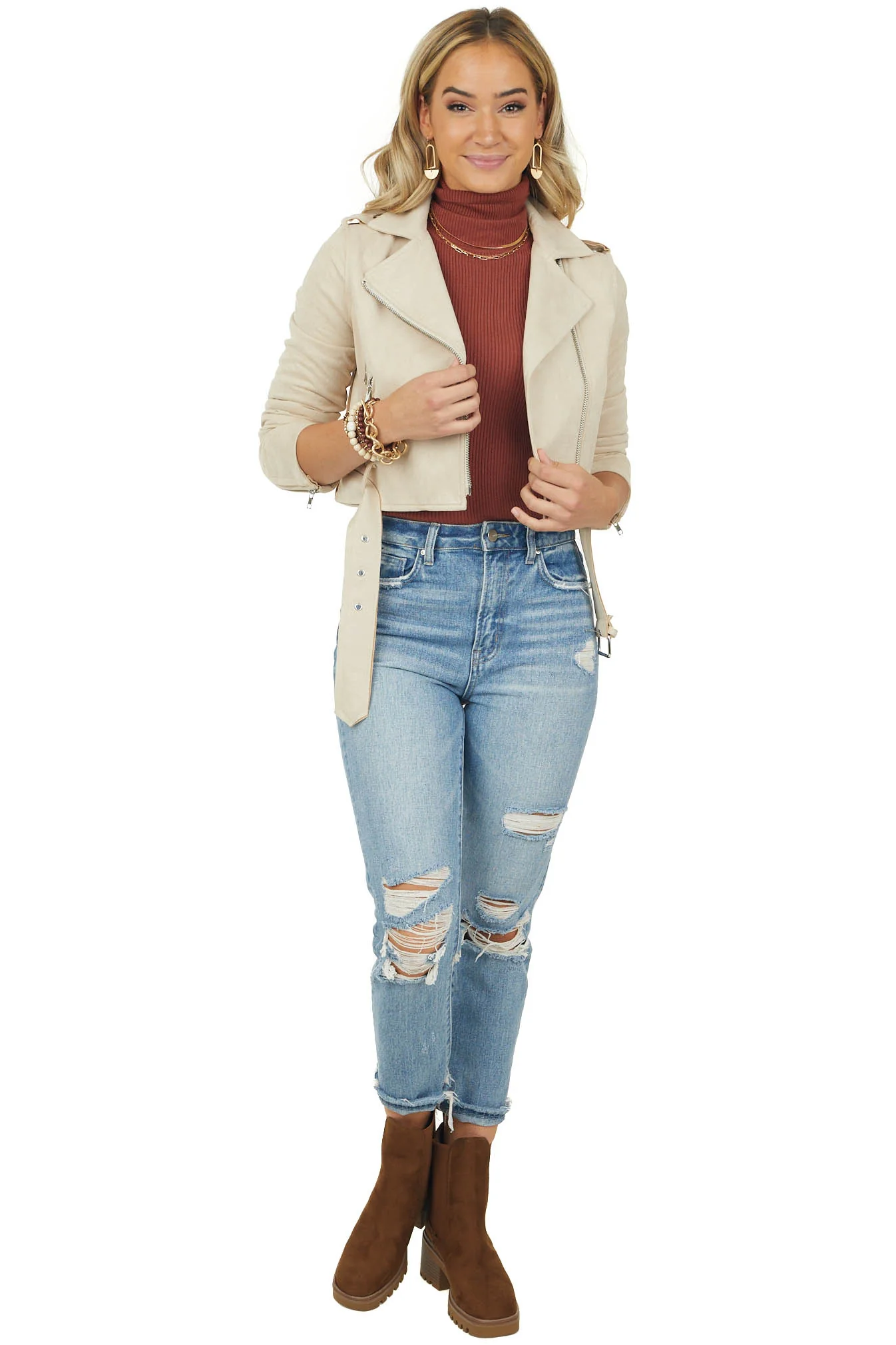 Camel Faux Suede Zip Up Cropped Moto Jacket - LD SALE