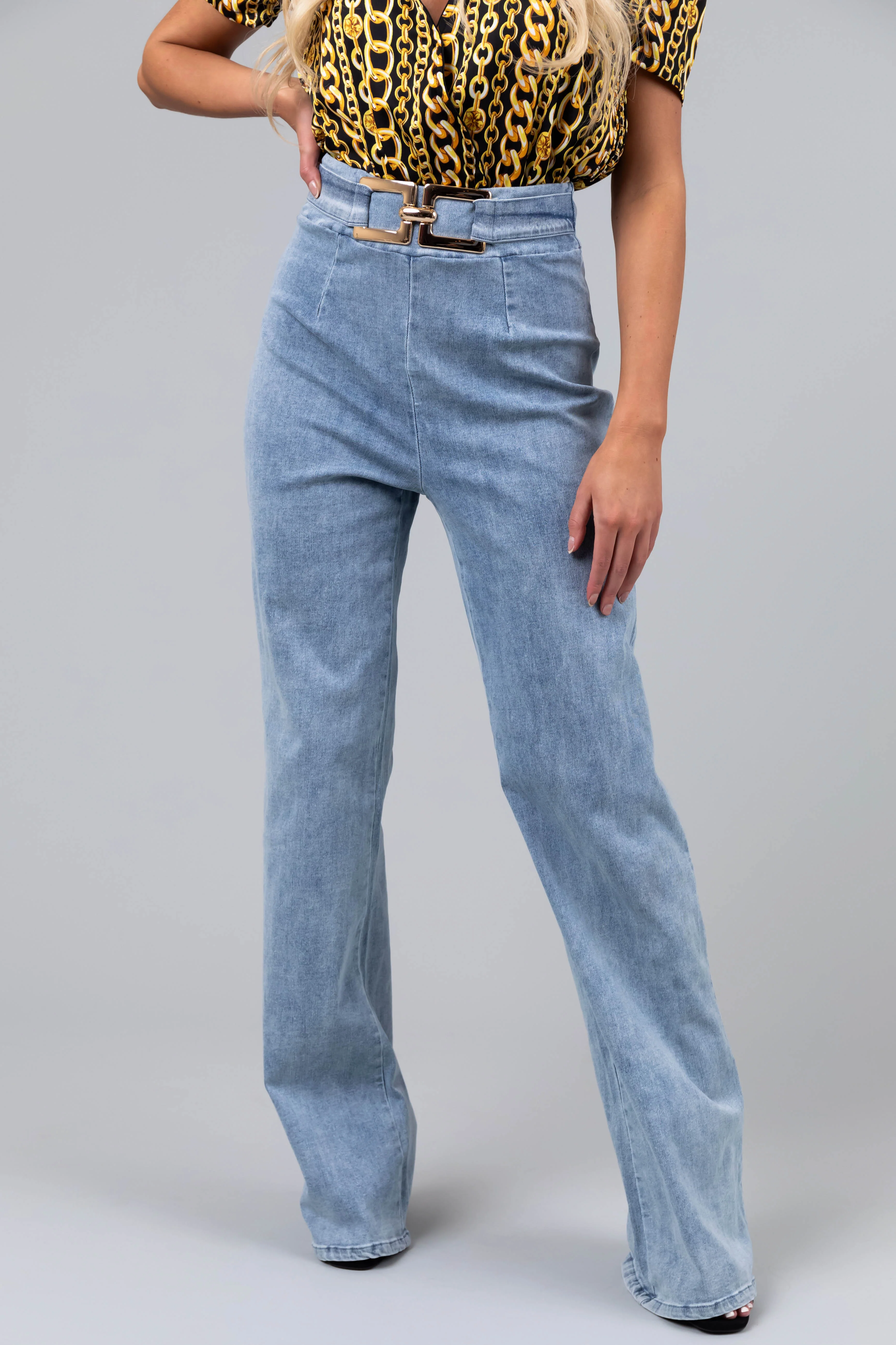 Light Wash Gold Belted Super Stretchy Jeans - LD SALE