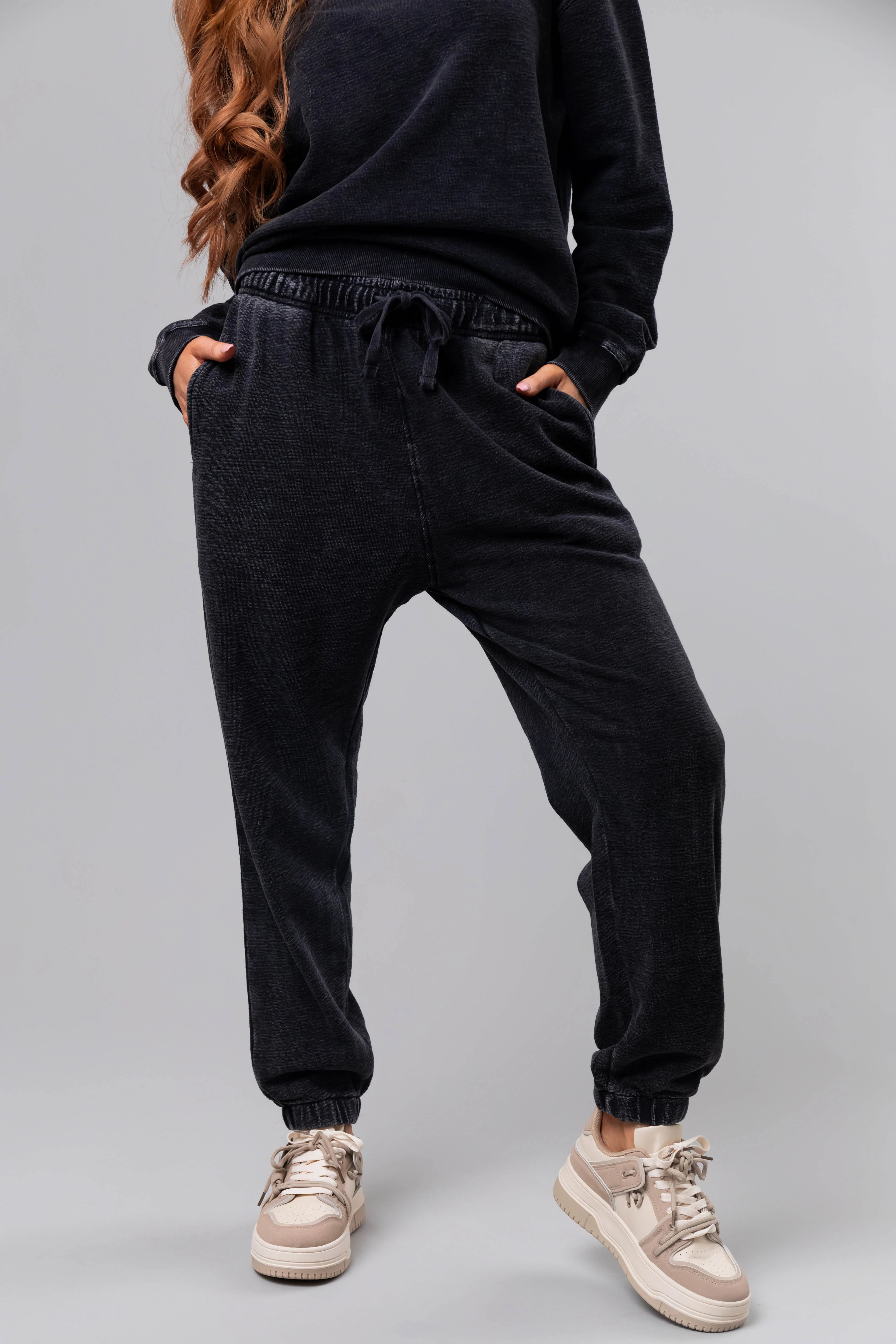 Washed Black Textured Knit Drawstring Joggers - LD SALE