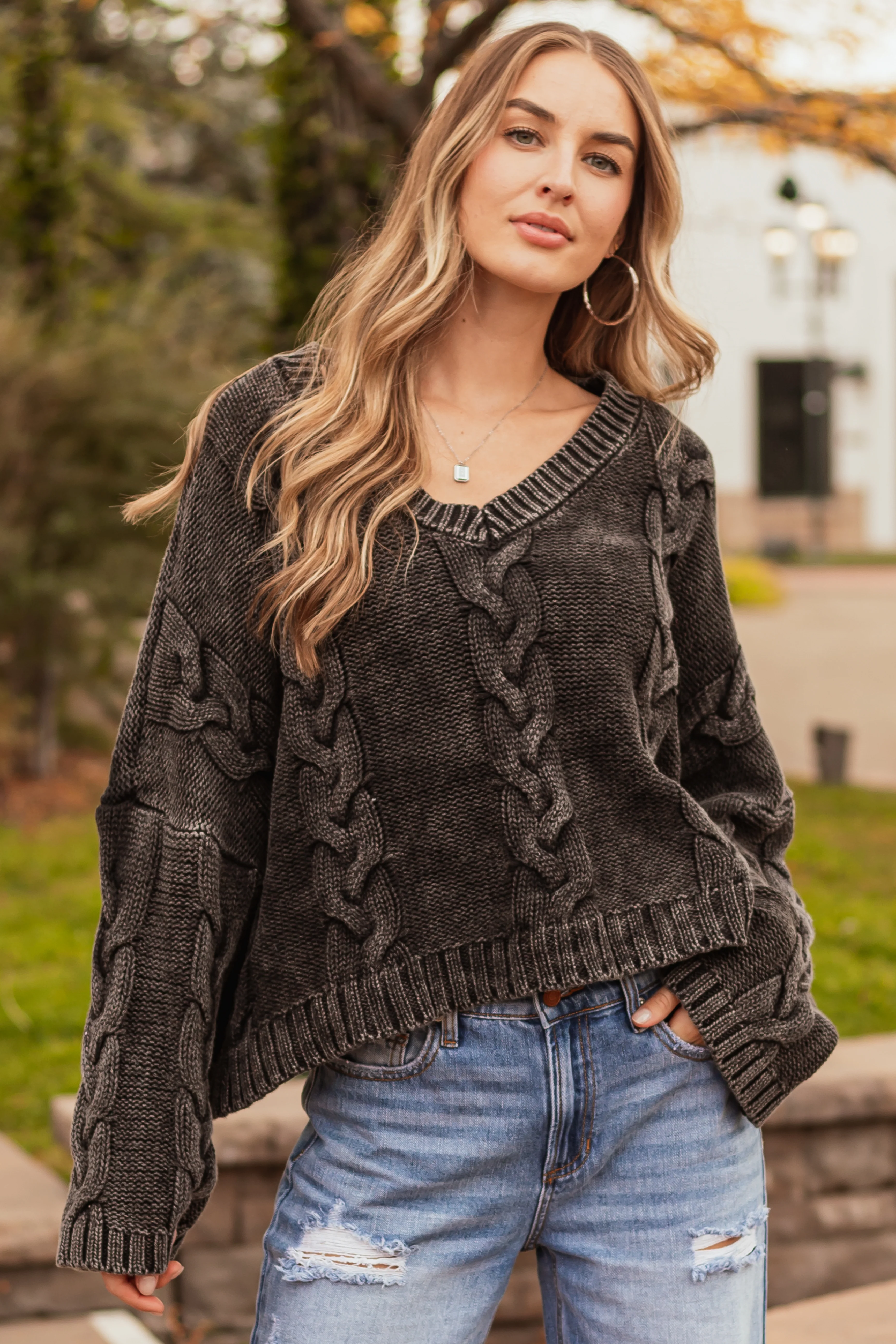 Charcoal Mineral Wash V Neck Cable Knit Sweater - LD SALE
