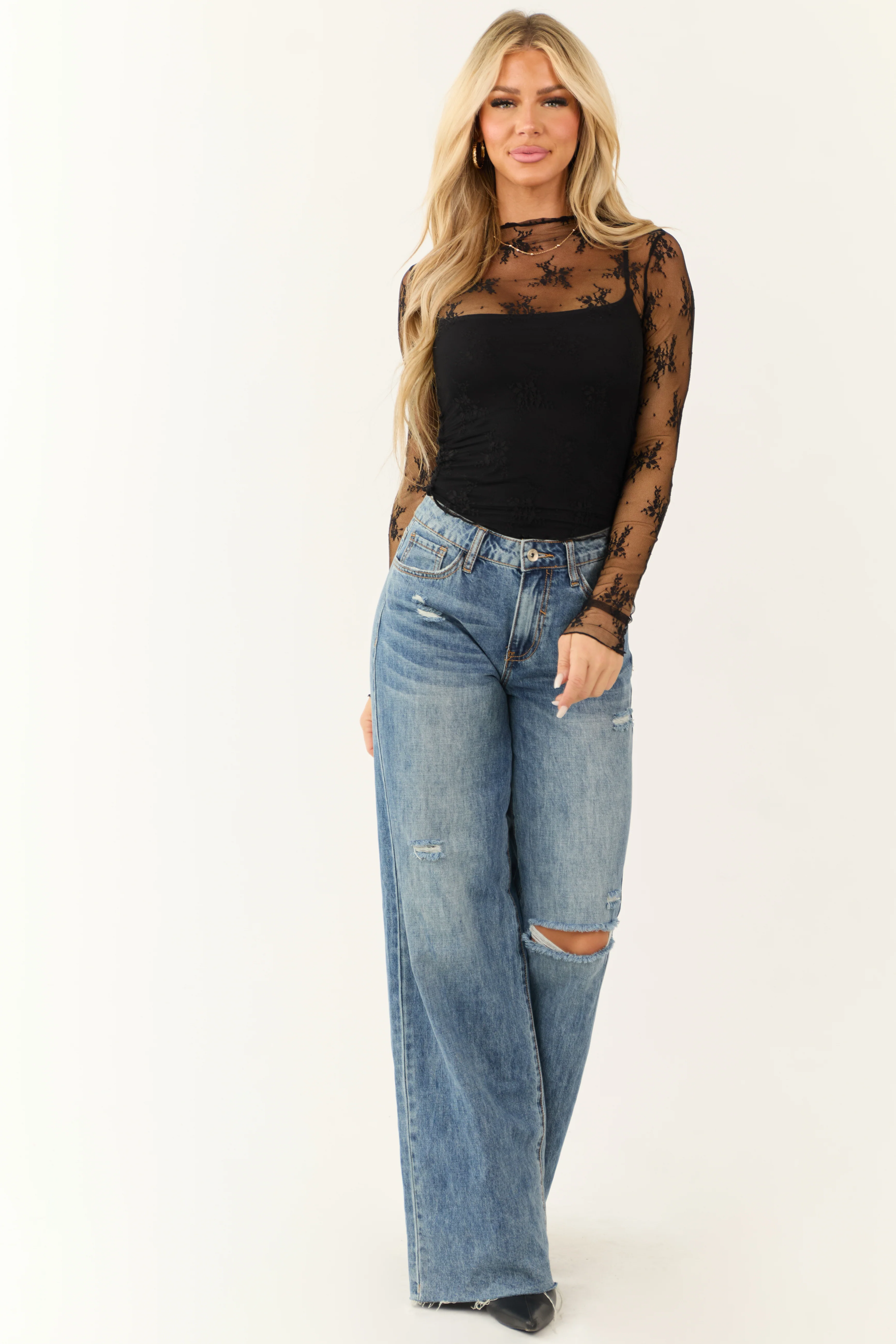 Black Floral Lace Sheer Long Sleeve Mock Neck Top - LD SALE