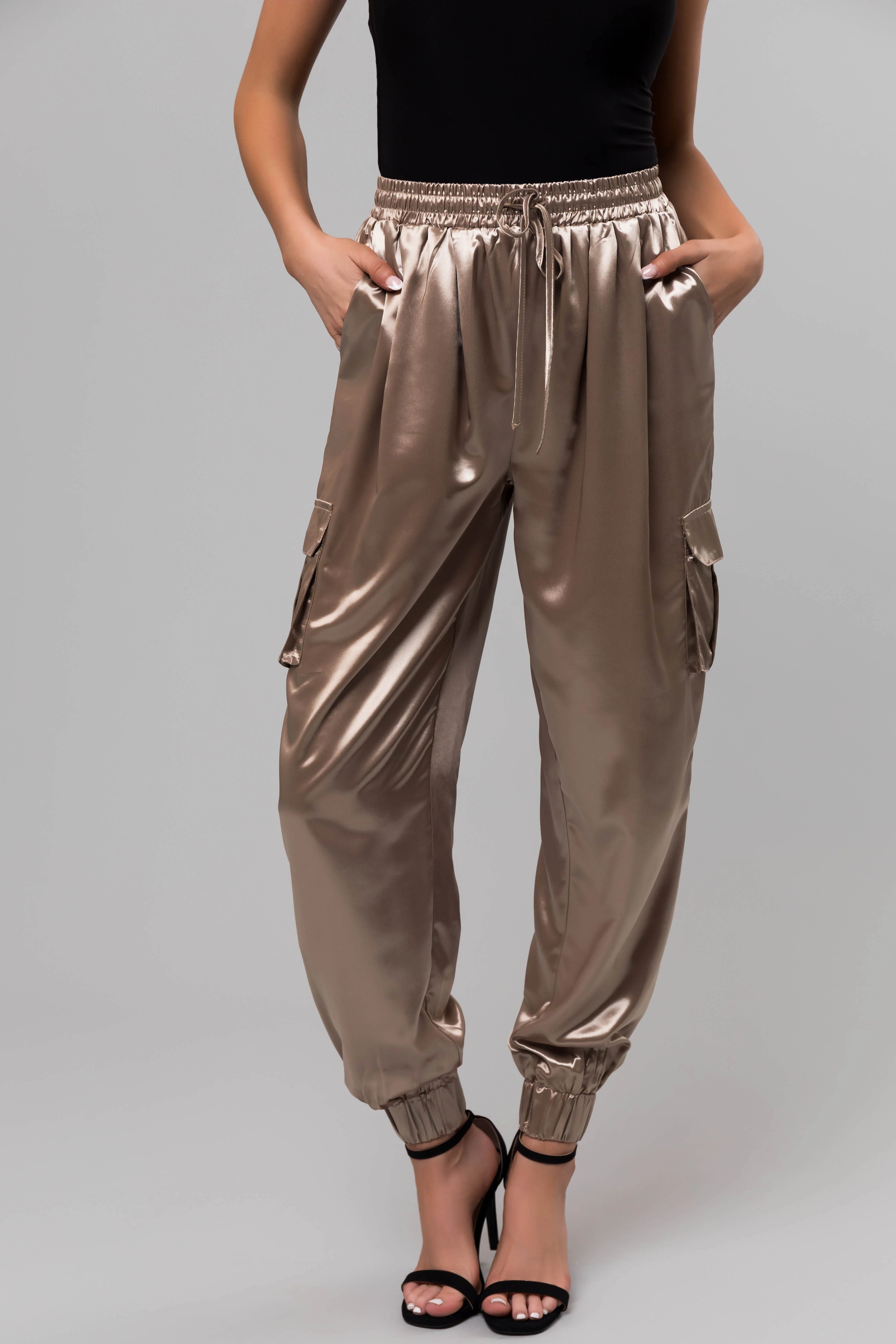Taupe Shiny Metallic Smocked Waist Joggers - LD SALE