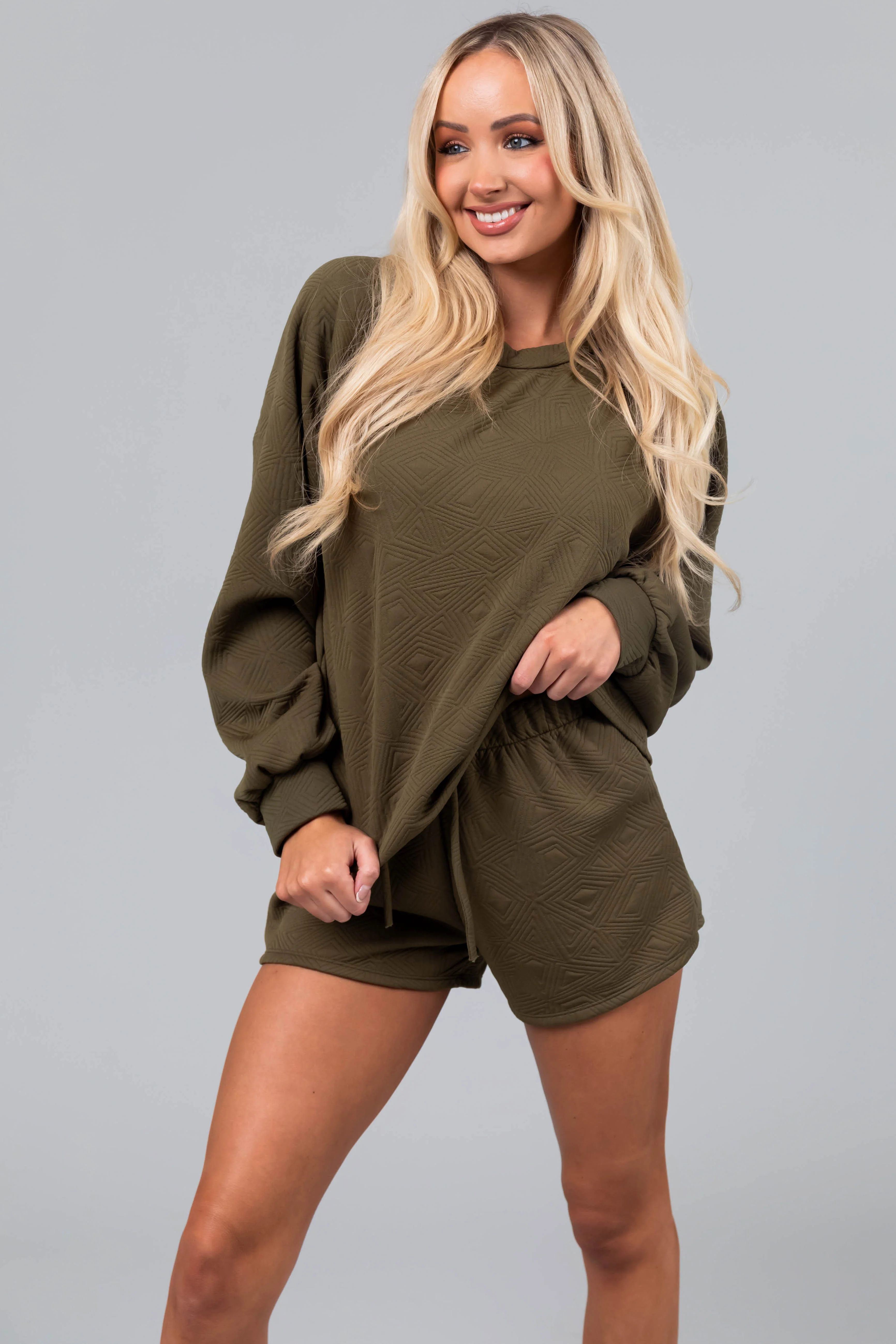 Olive Quilted Detail Long Sleeve Knit Top - LD SALE