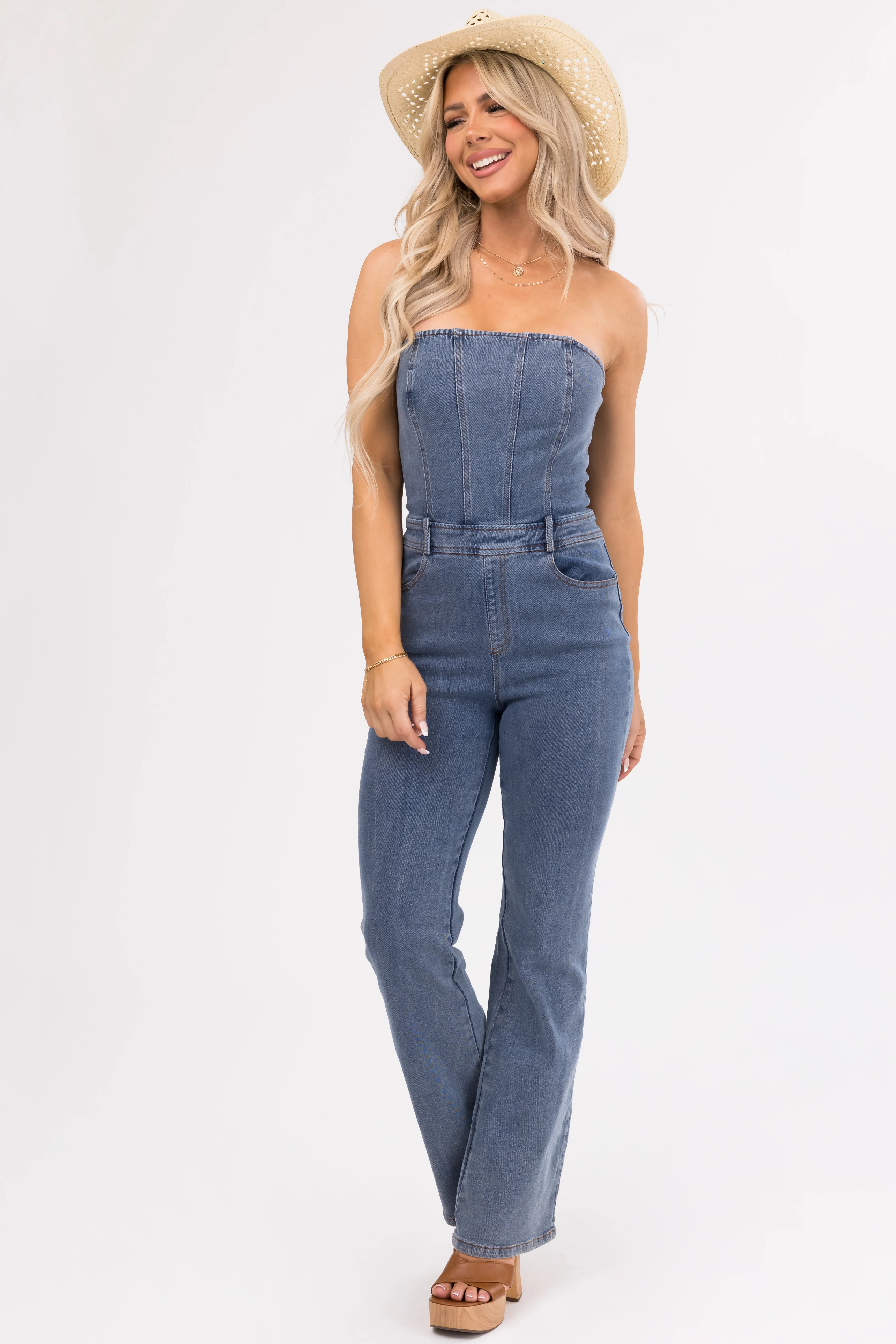 Medium Wash Denim Strapless Belt Loop Jumpsuit - LD SALE