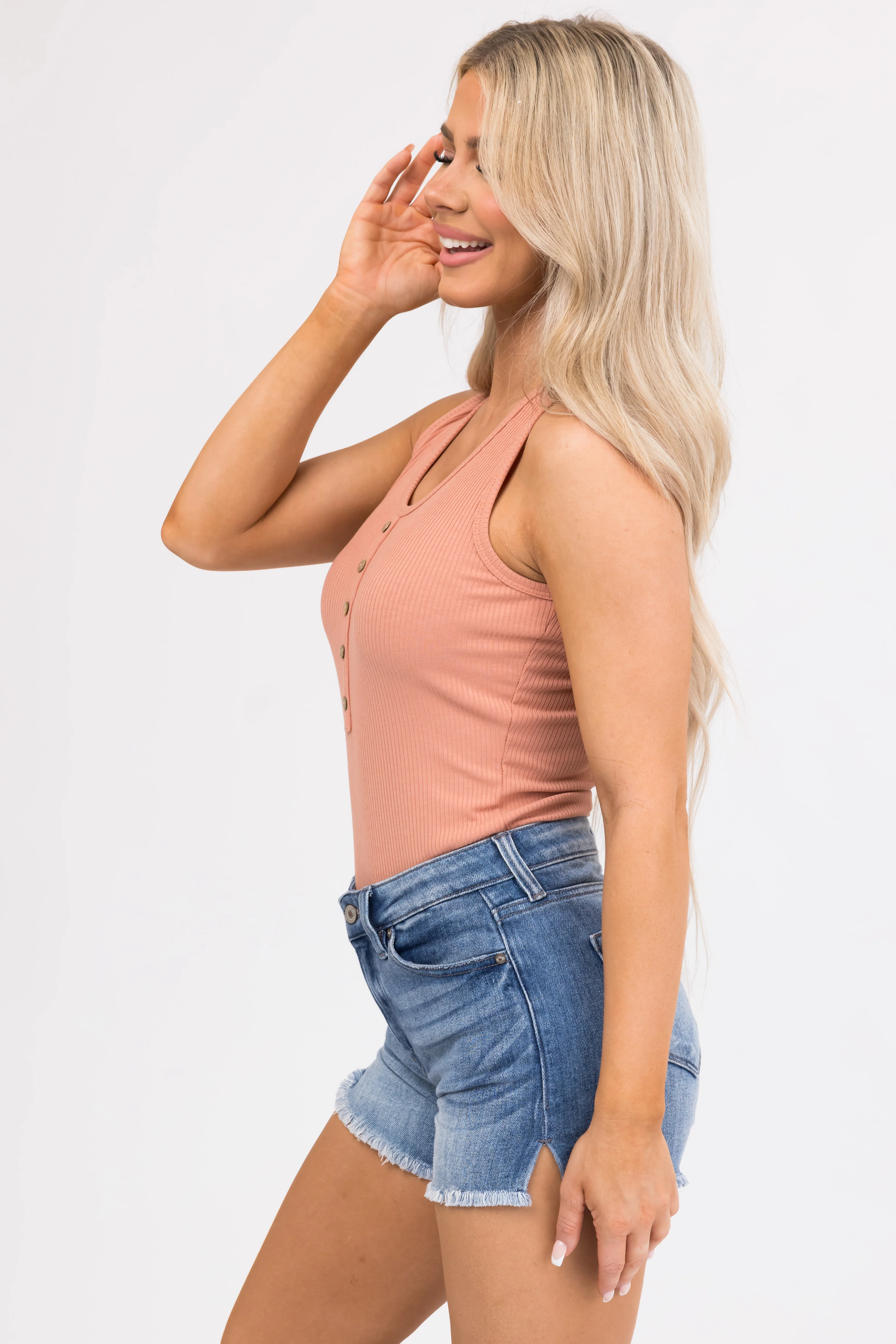 Dusty Peach Sleeveless Ribbed Knit Bodysuit - LD SALE