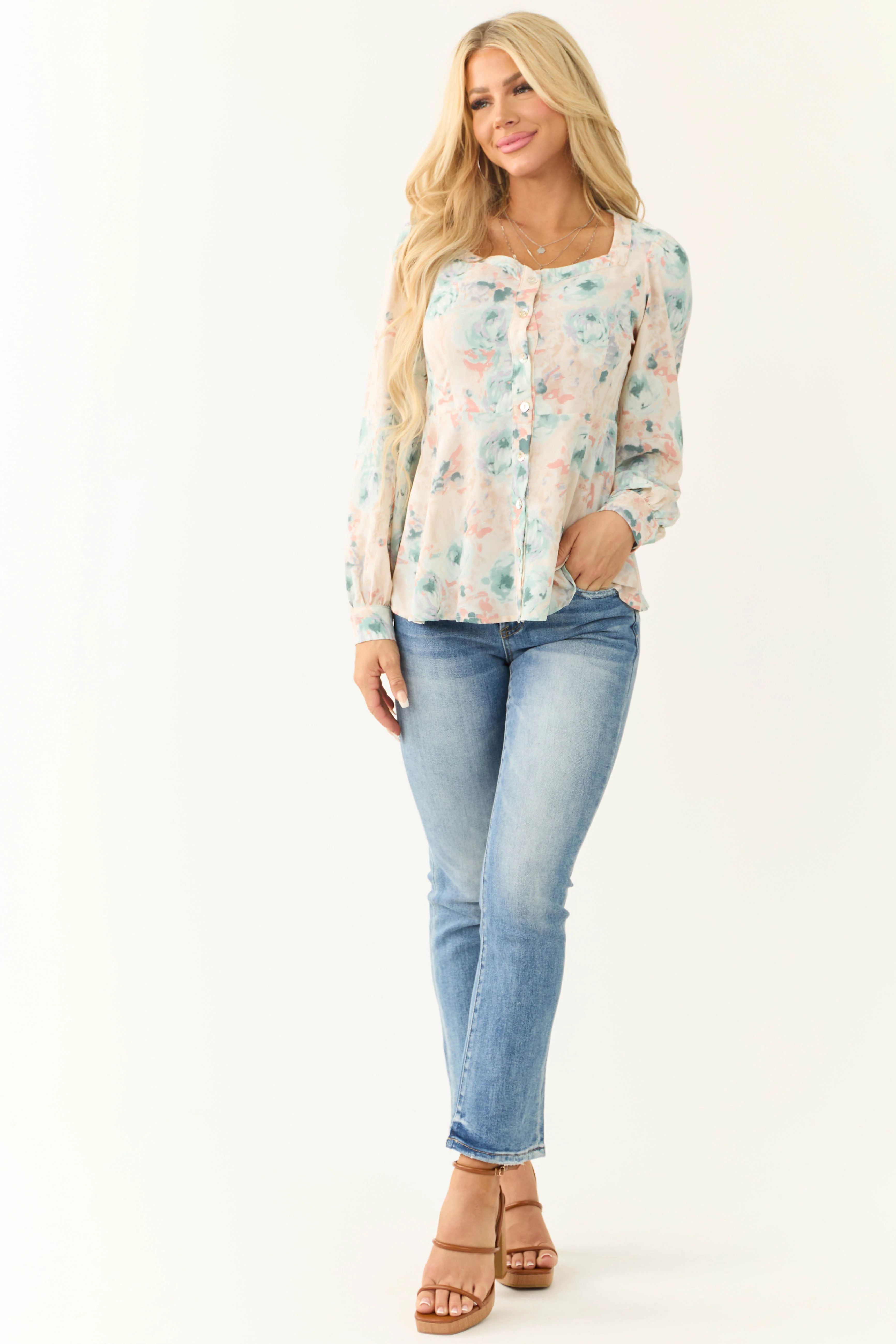 Arctic Blue Floral Print Button Down Top - LD SALE