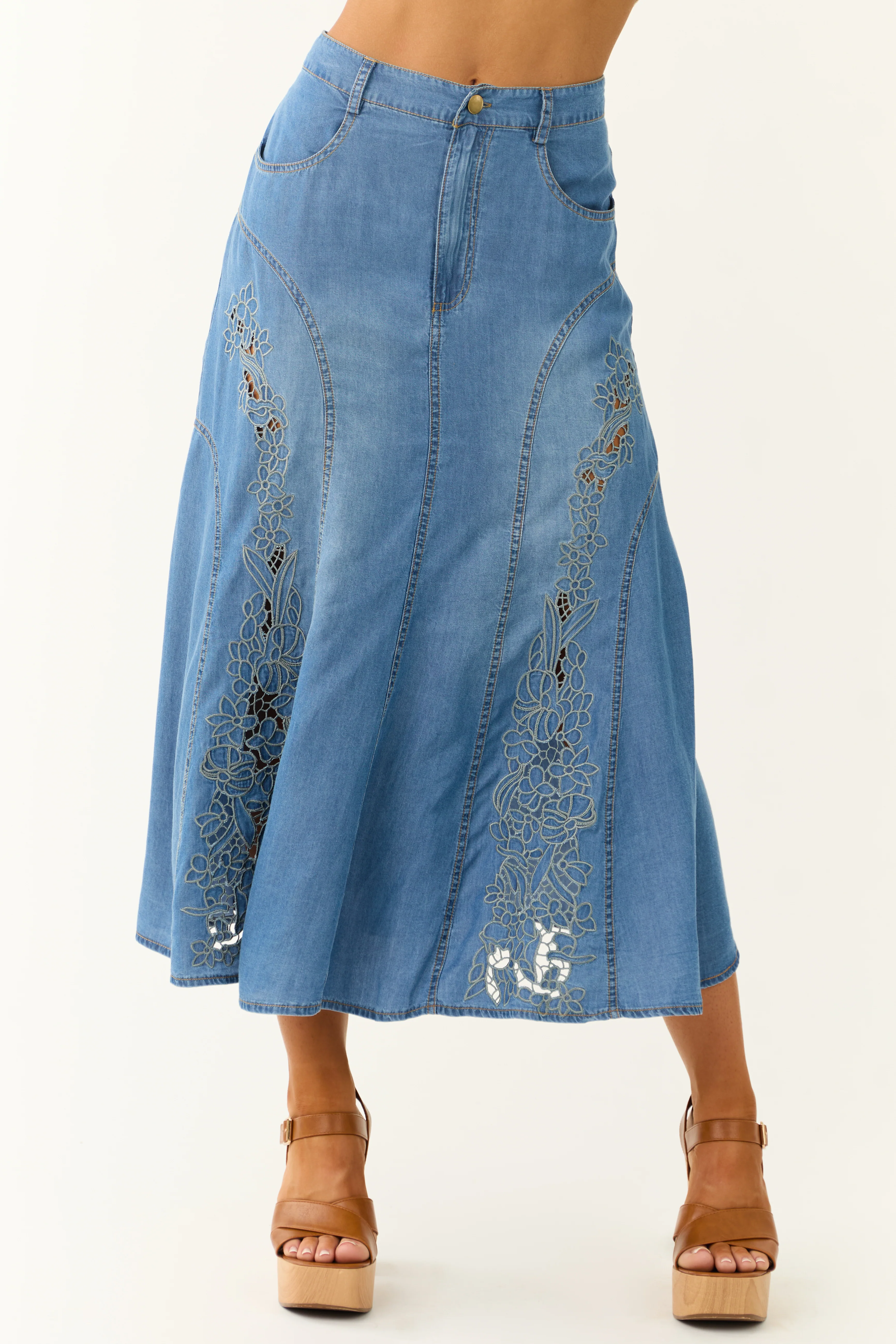 Medium Wash Denim Floral Embroidered Maxi Skirt - LD SALE