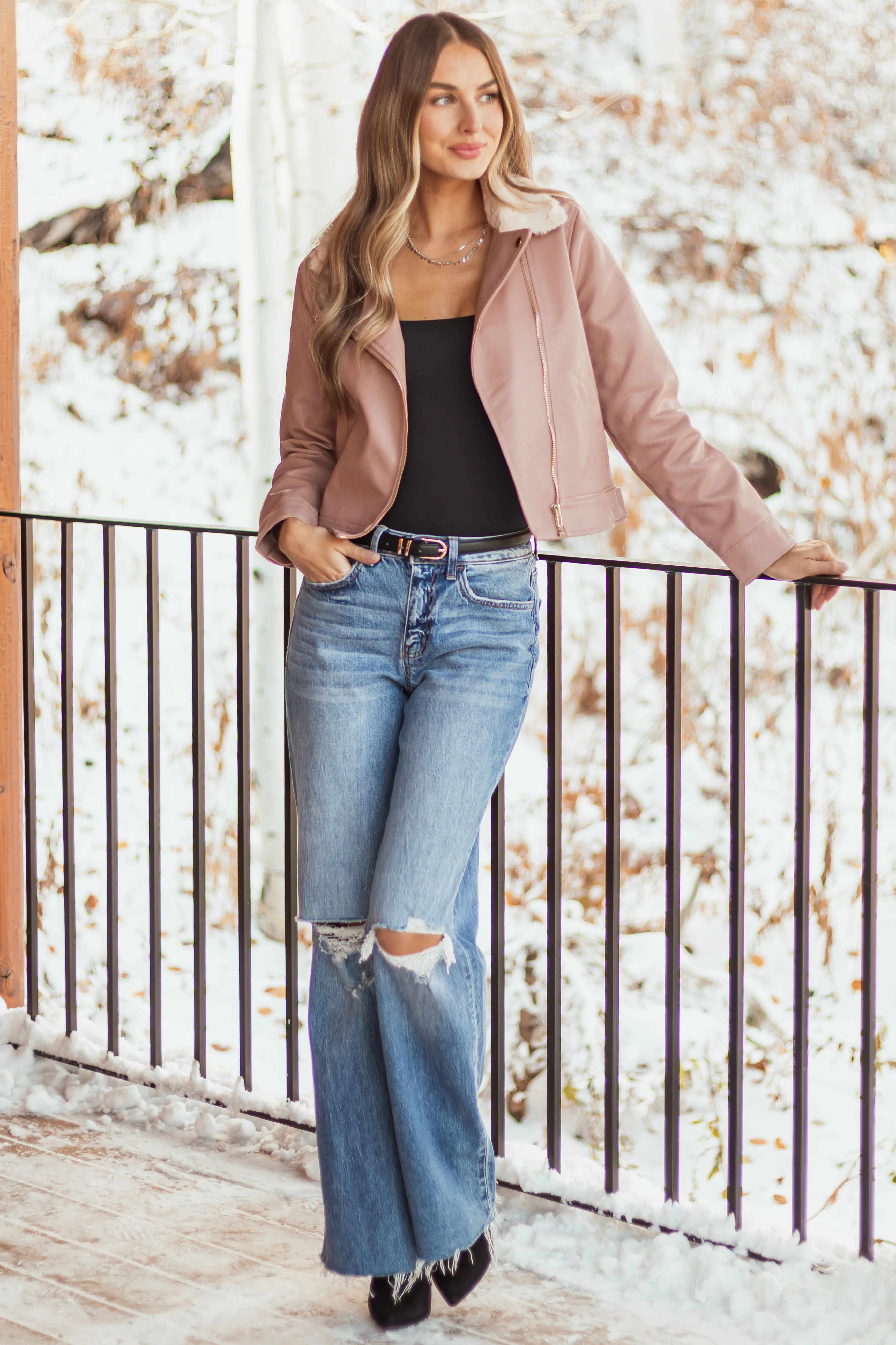 Dusty Rose Faux Leather Biker Jacket - LD SALE