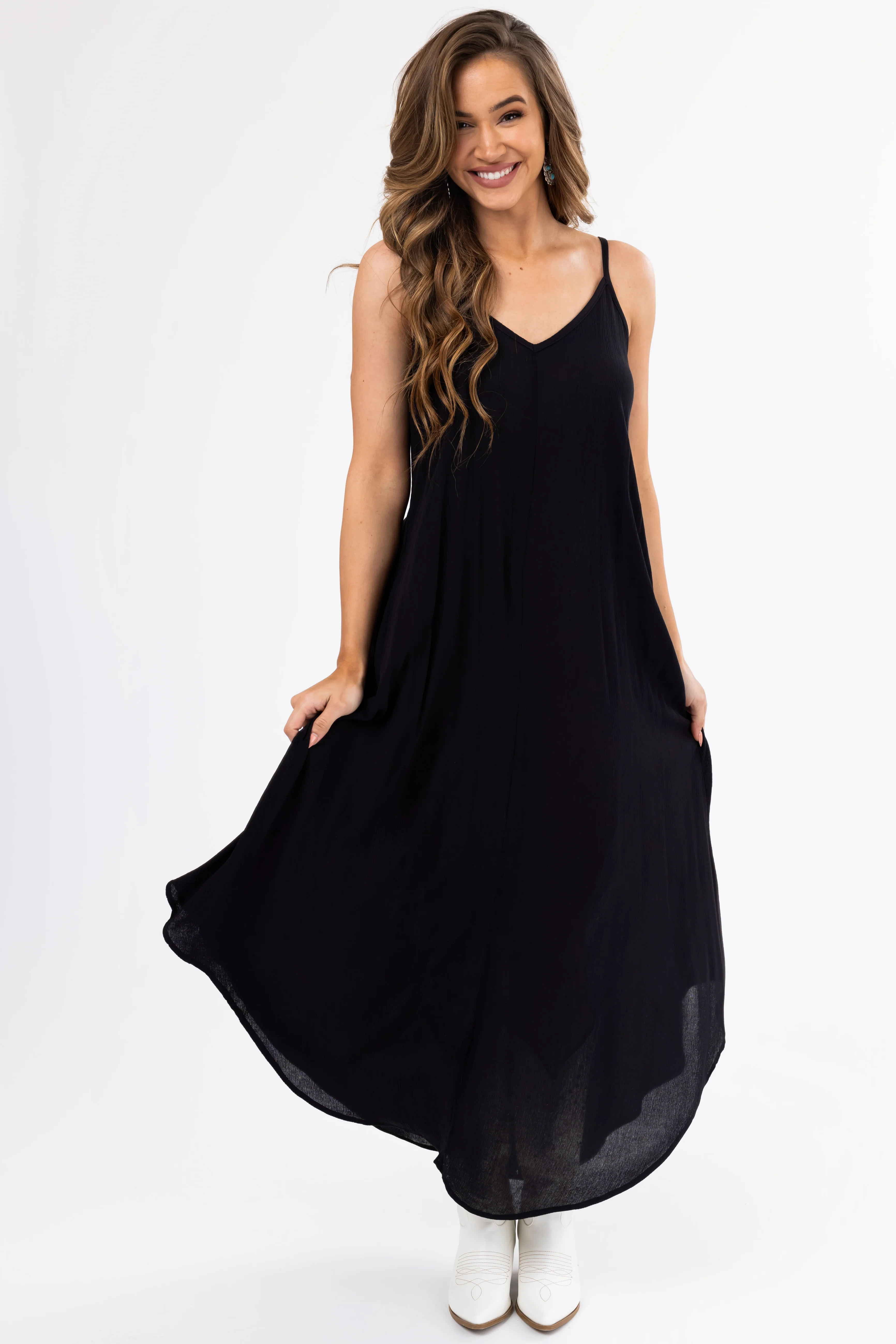 Black Sleeveless V Neck Textured Maxi Dress - LD SALE