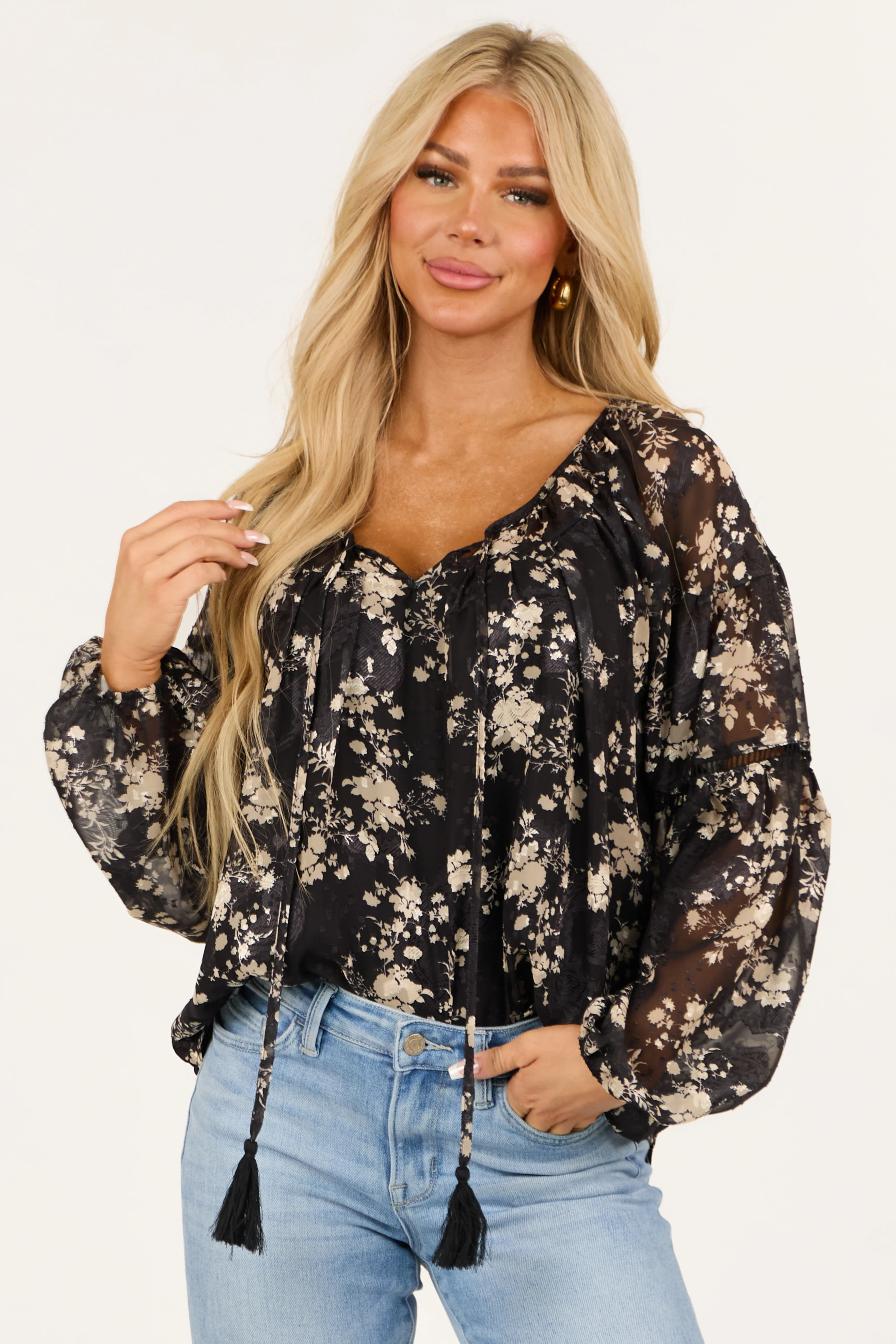 Black Floral Print Chiffon Long Sleeve Top - LD SALE