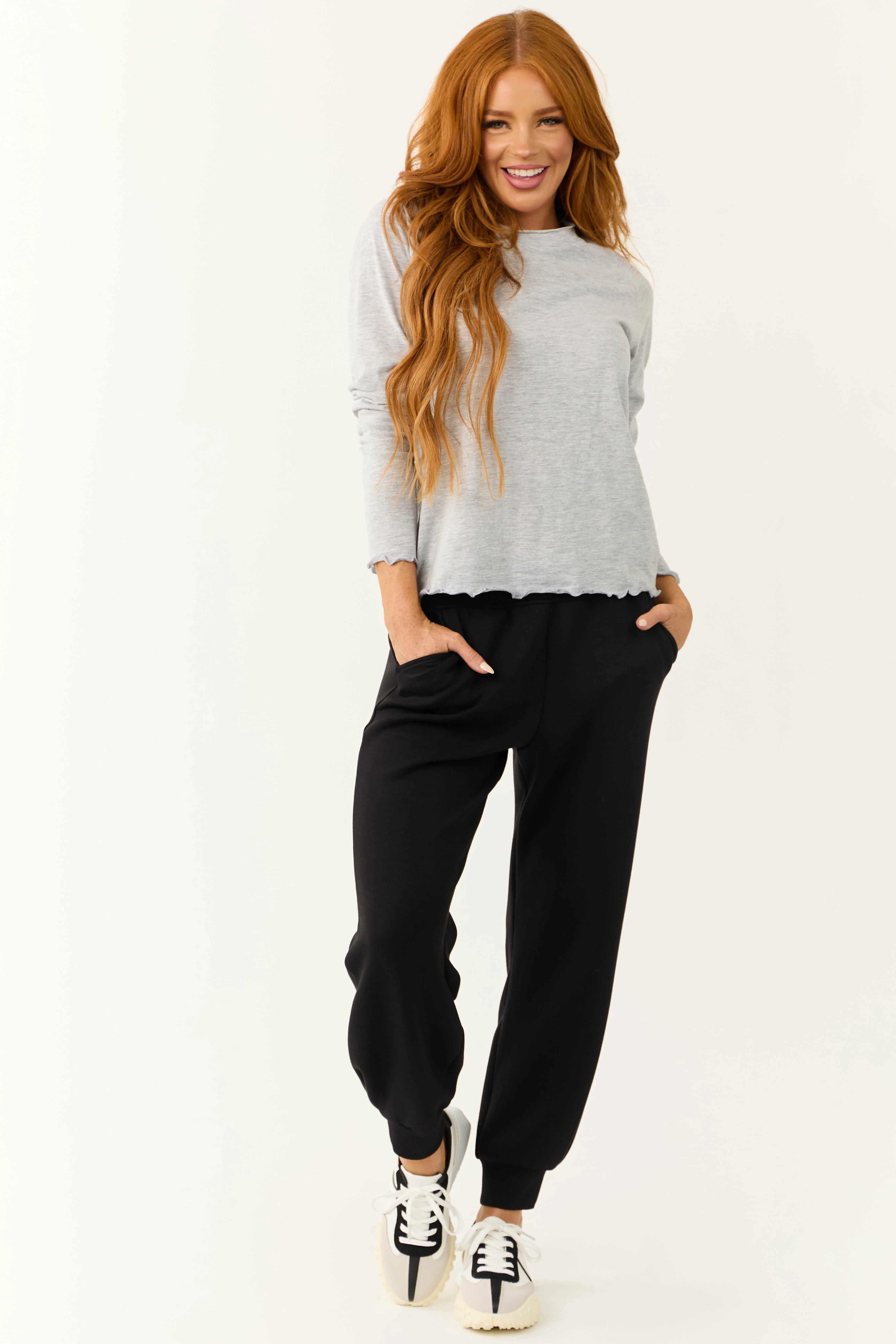 Heathered Grey Lettuce Trim Long Sleeve Top - LD SALE