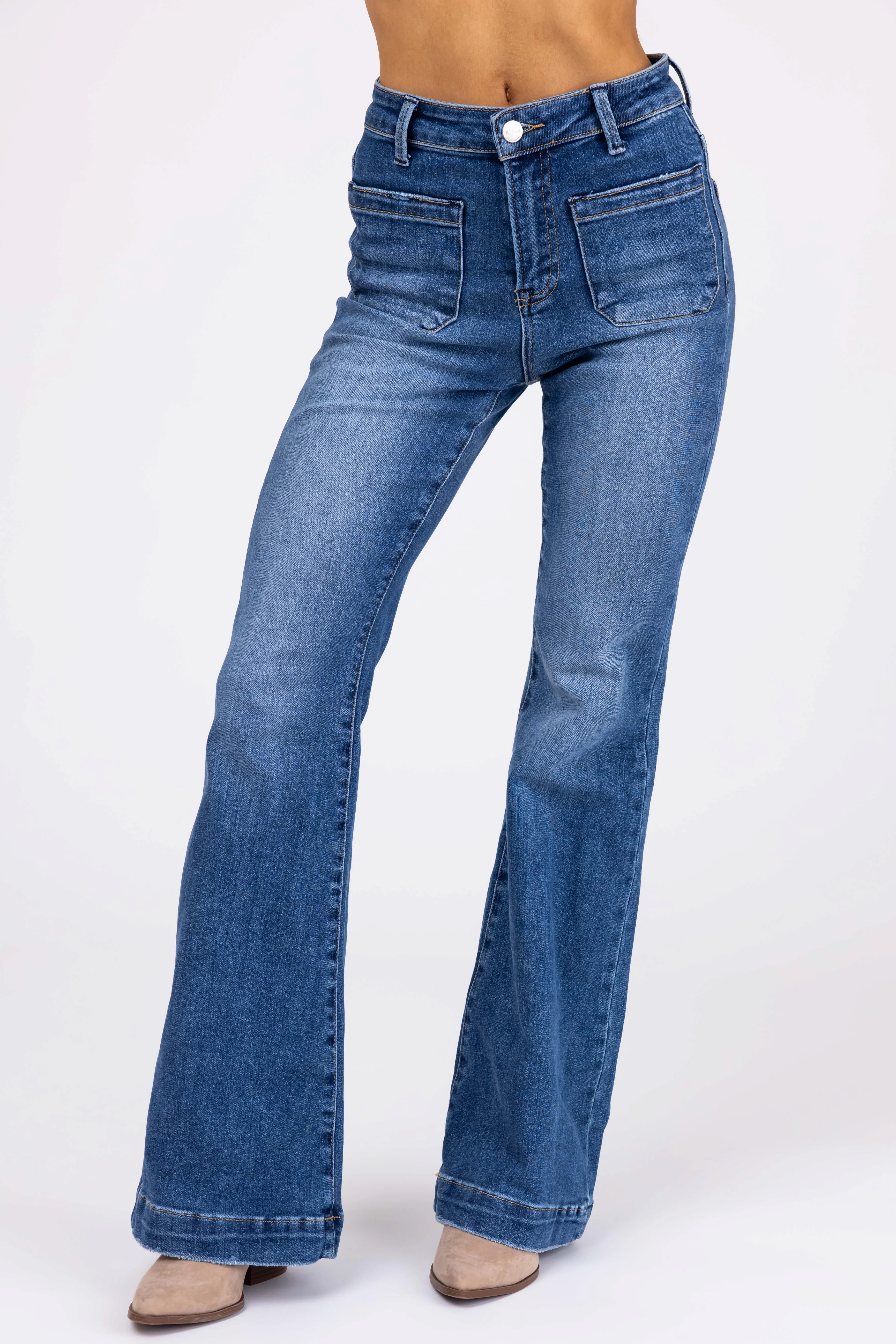 Risen Dark Wash Patched Pocket Flare Leg Jeans - LD SALE