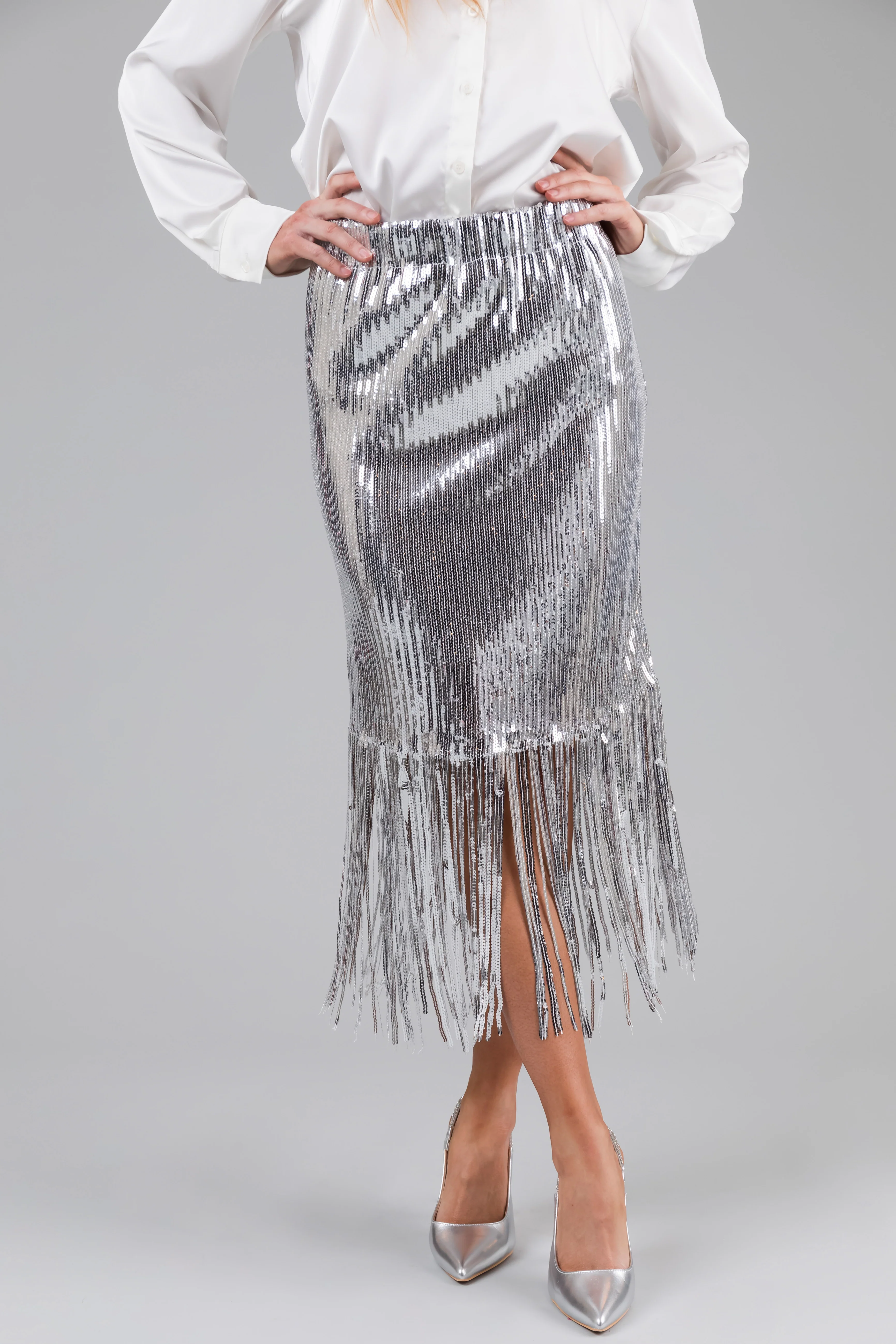 Silver Sequin Fringe Hemline Midi Skirt - LD SALE