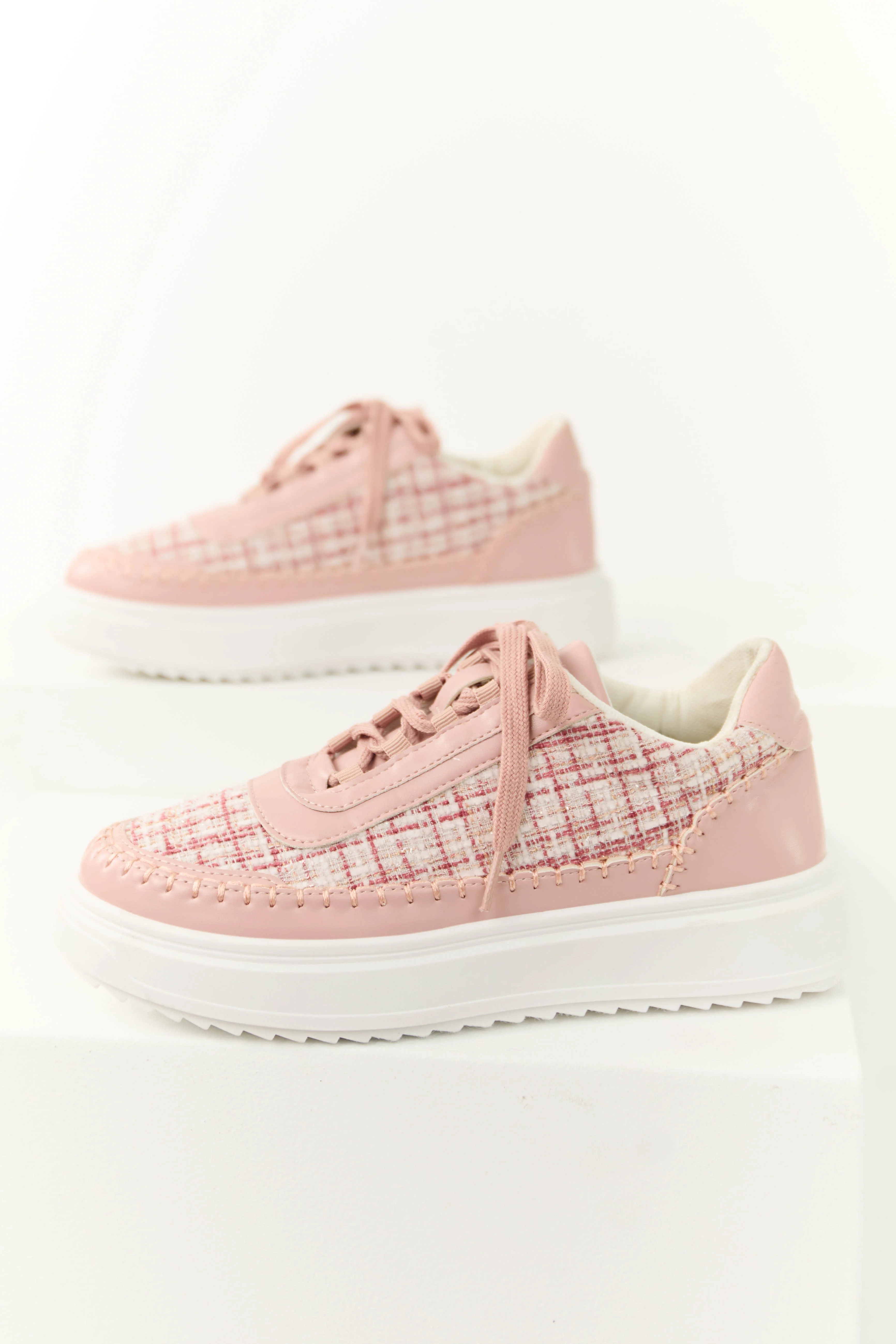 Dusty Blush Plaid Tweed Chunky Lace Up Sneakers - LD SALE