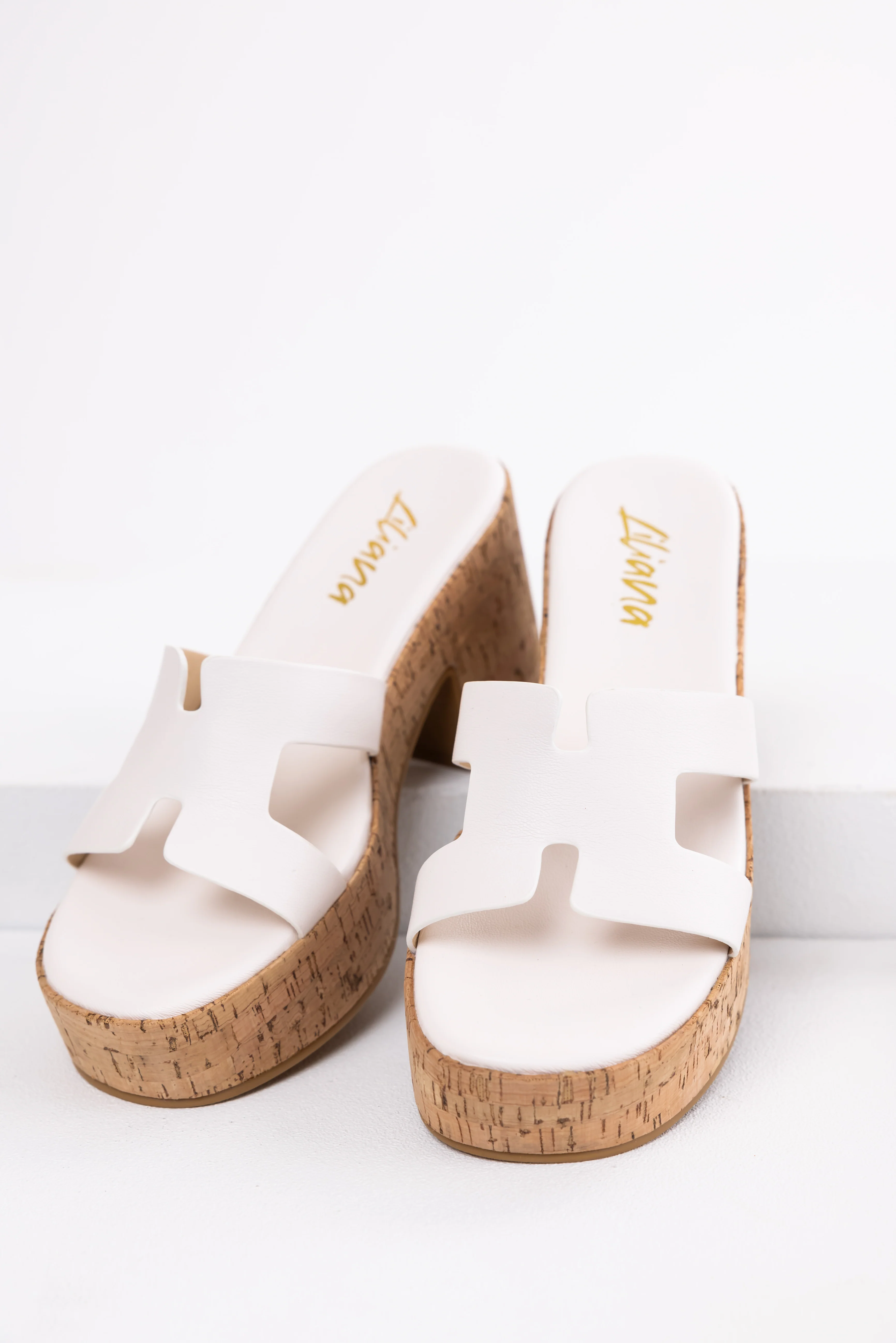 White Geometric Strap Cork Platform Heels - LD SALE