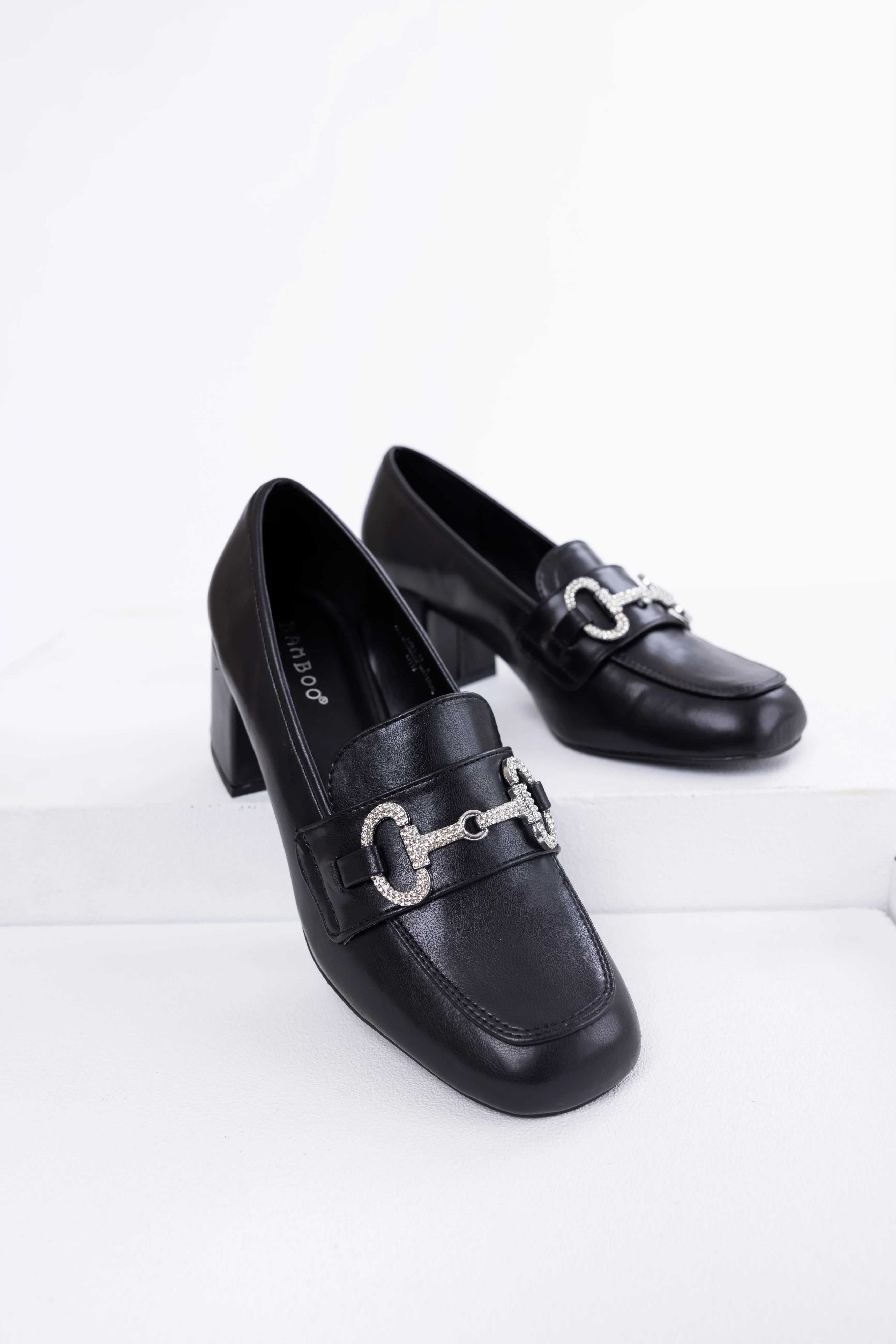 Black Faux Leather Block Heel Loafers - LD SALE