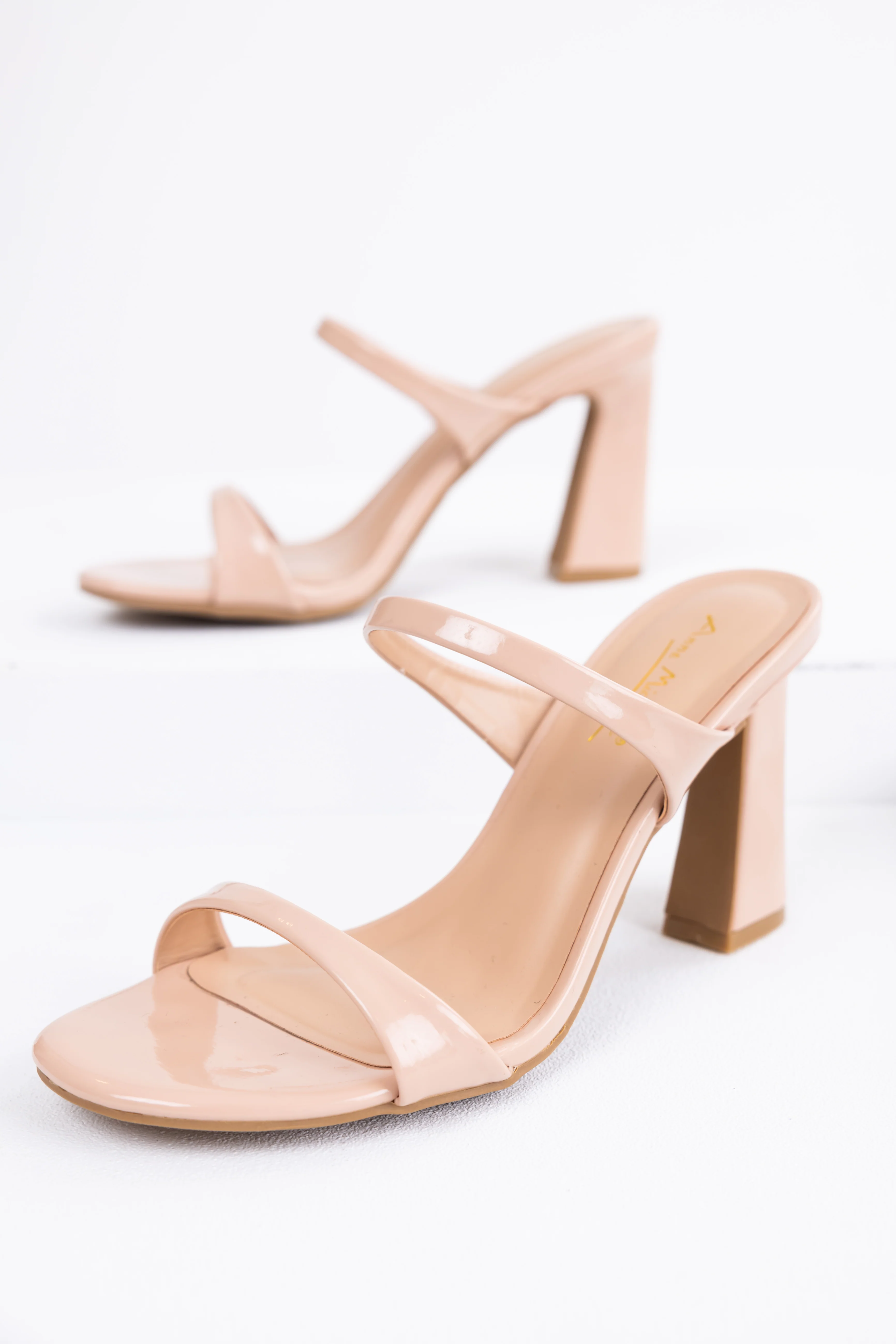 Nude Shiny Two Strap Block Heels - LD SALE