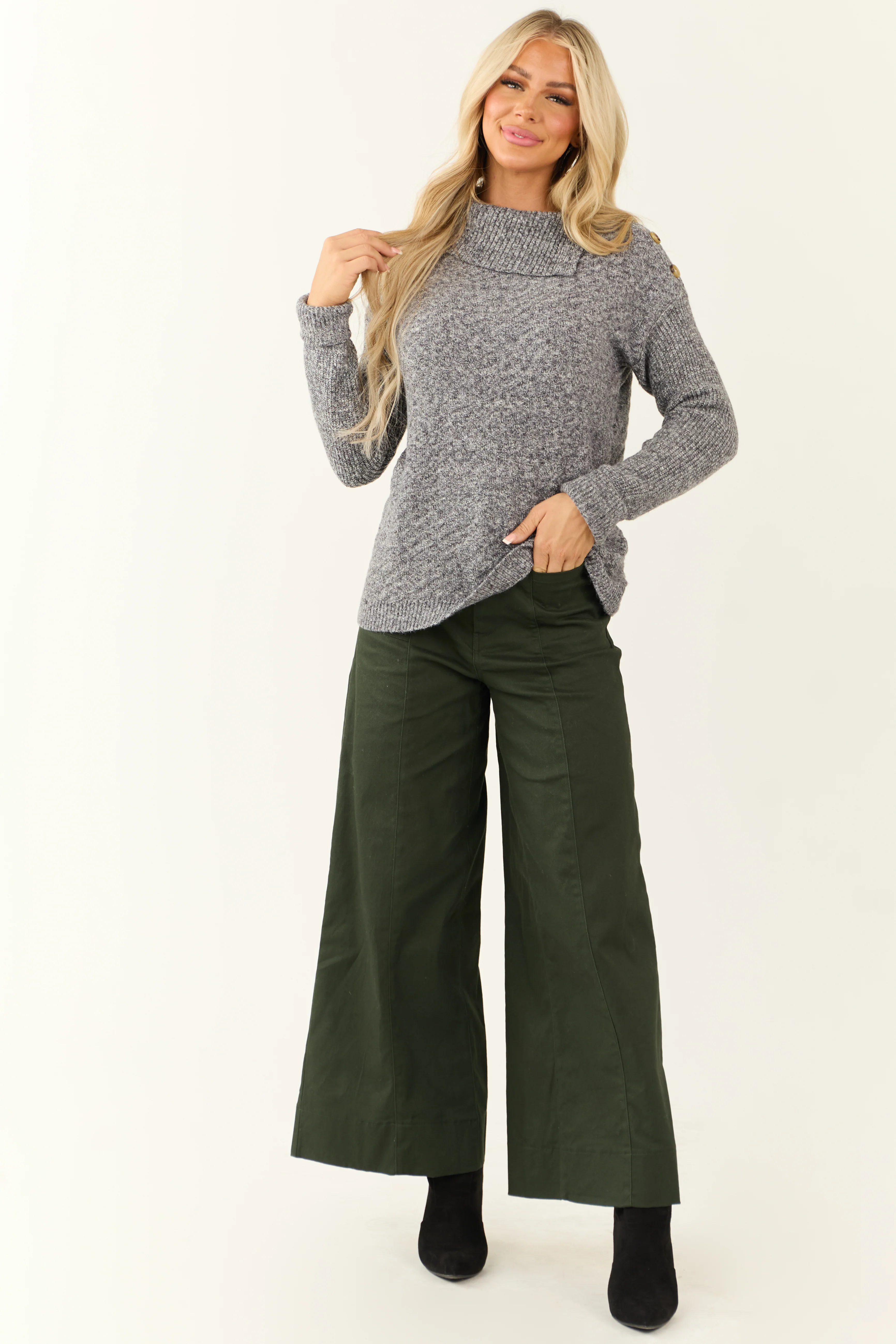 Graphite Button Shoulder Turtleneck Sweater - LD SALE