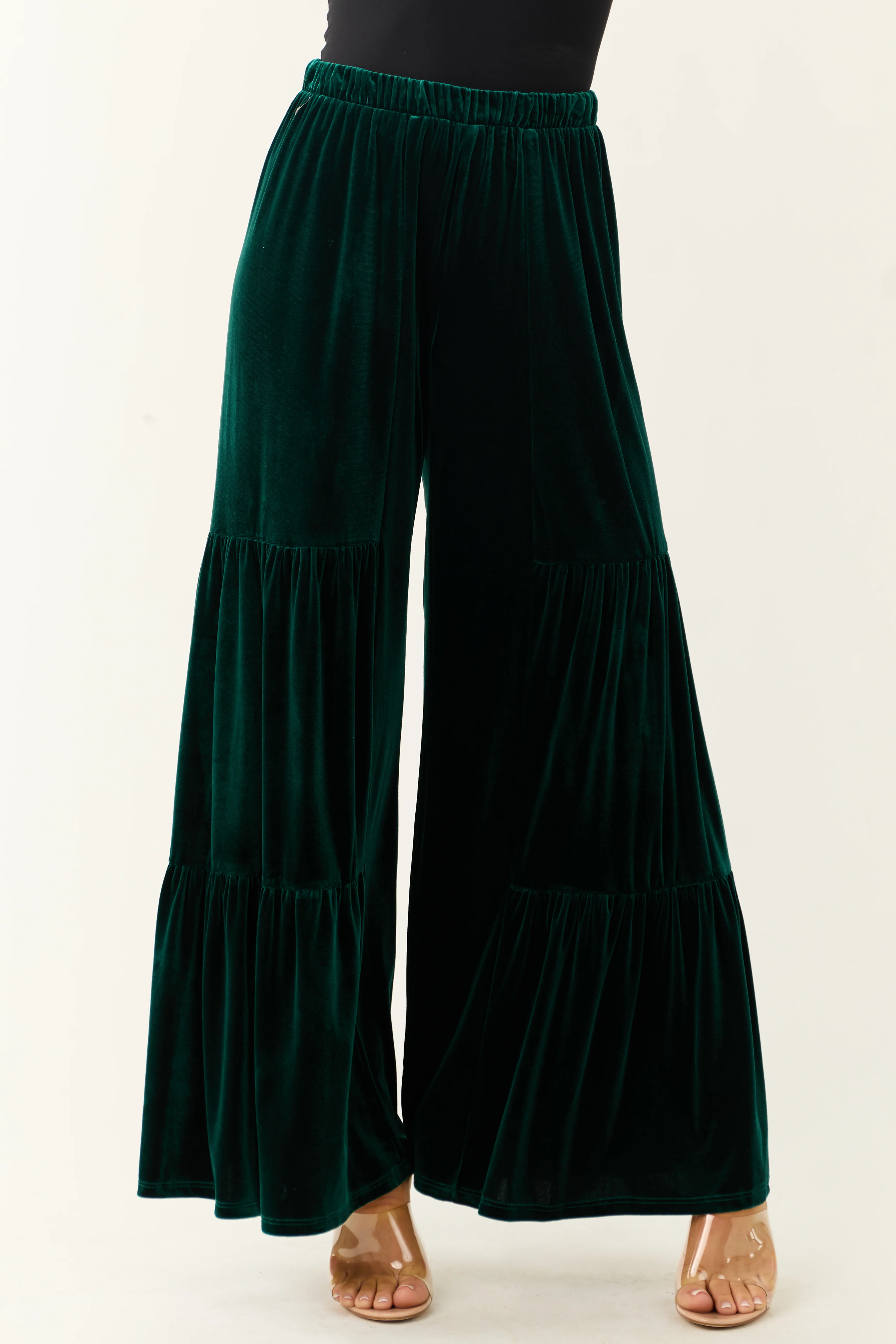 Vibrant Forest Green Velvet Tiered Wide Leg Pants - LD SALE