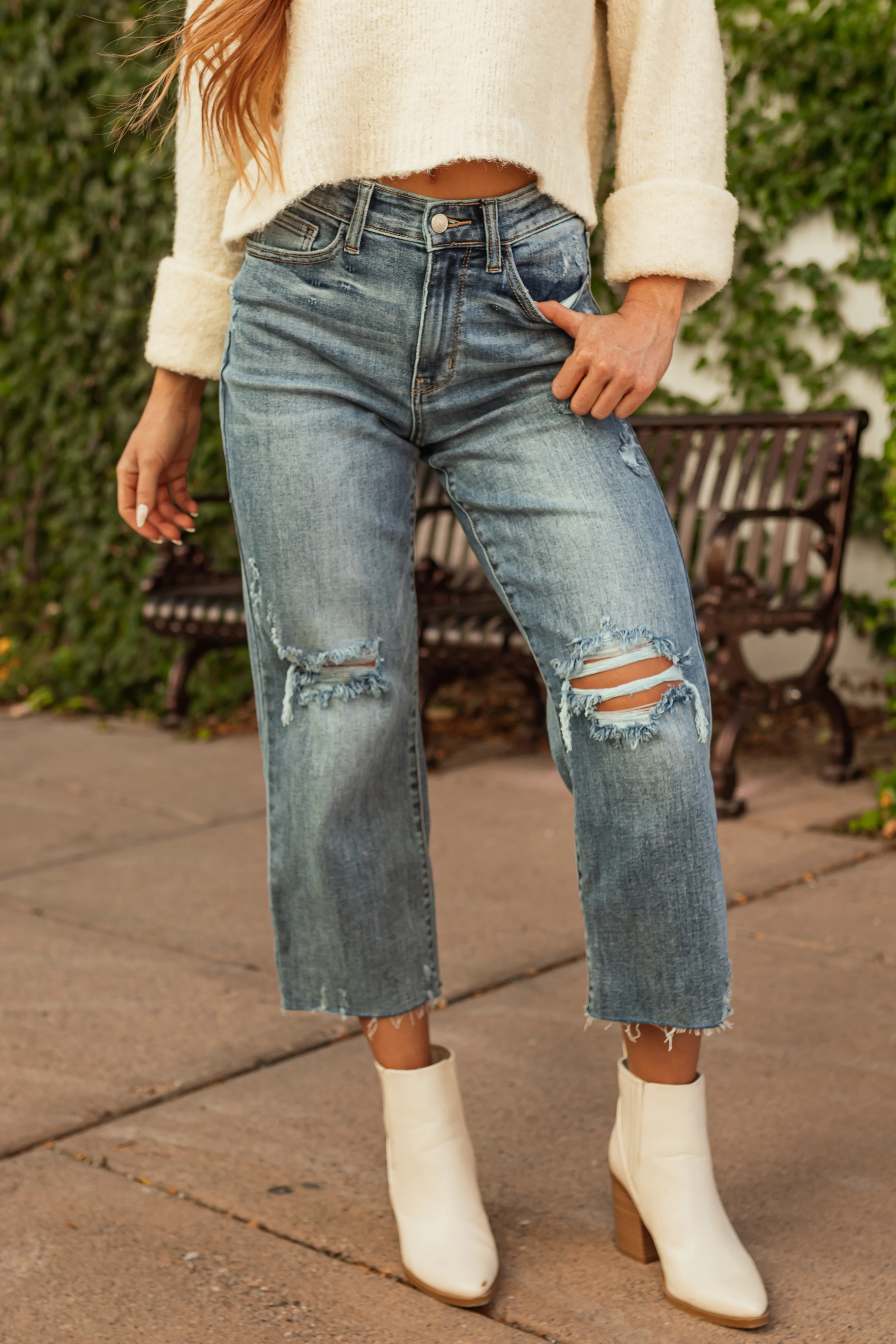Judy Blue Light Wash Distressed Wide Crop Jeans - LD SALE