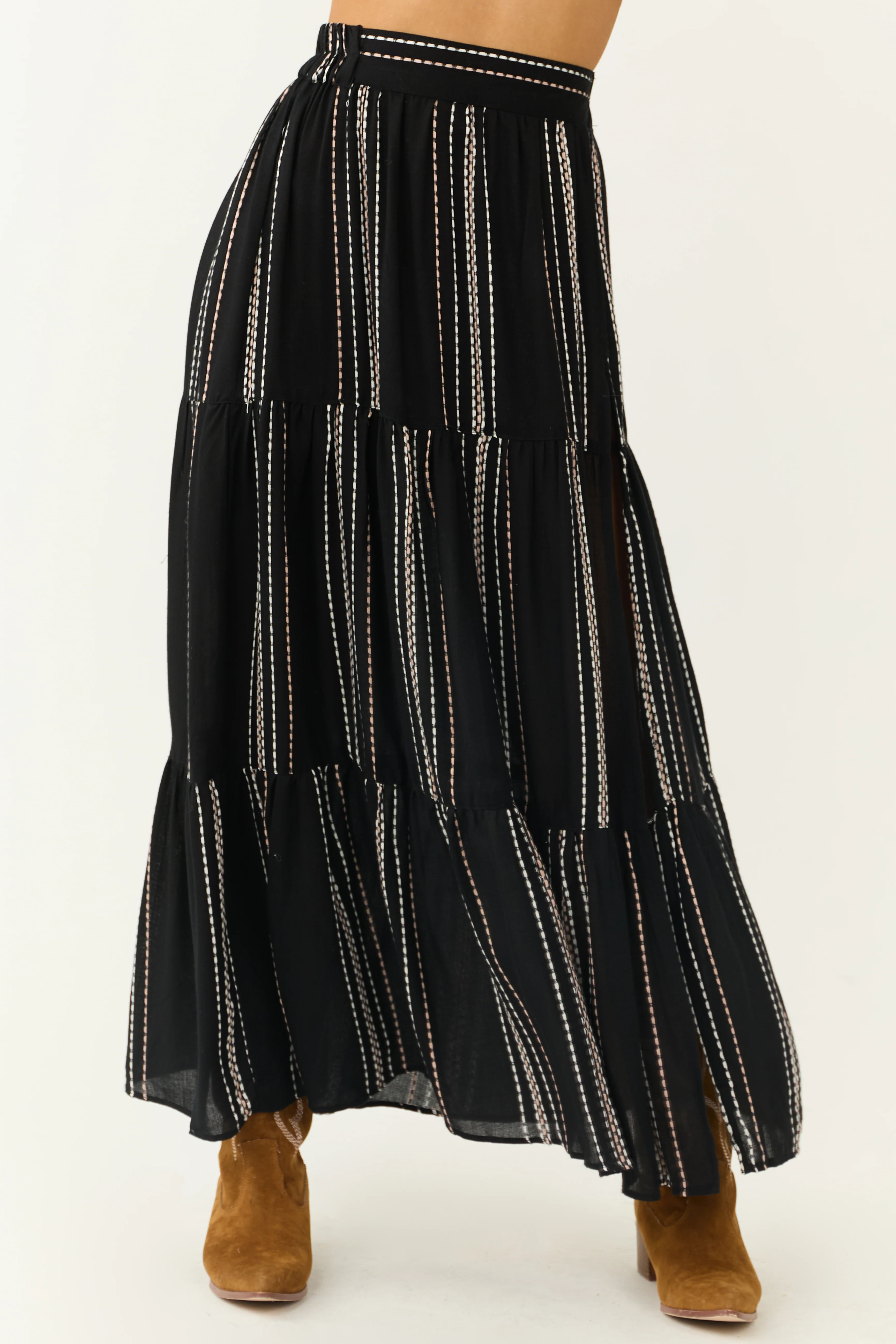 Black Tiered Striped High Side Slit Maxi Skirt - LD SALE