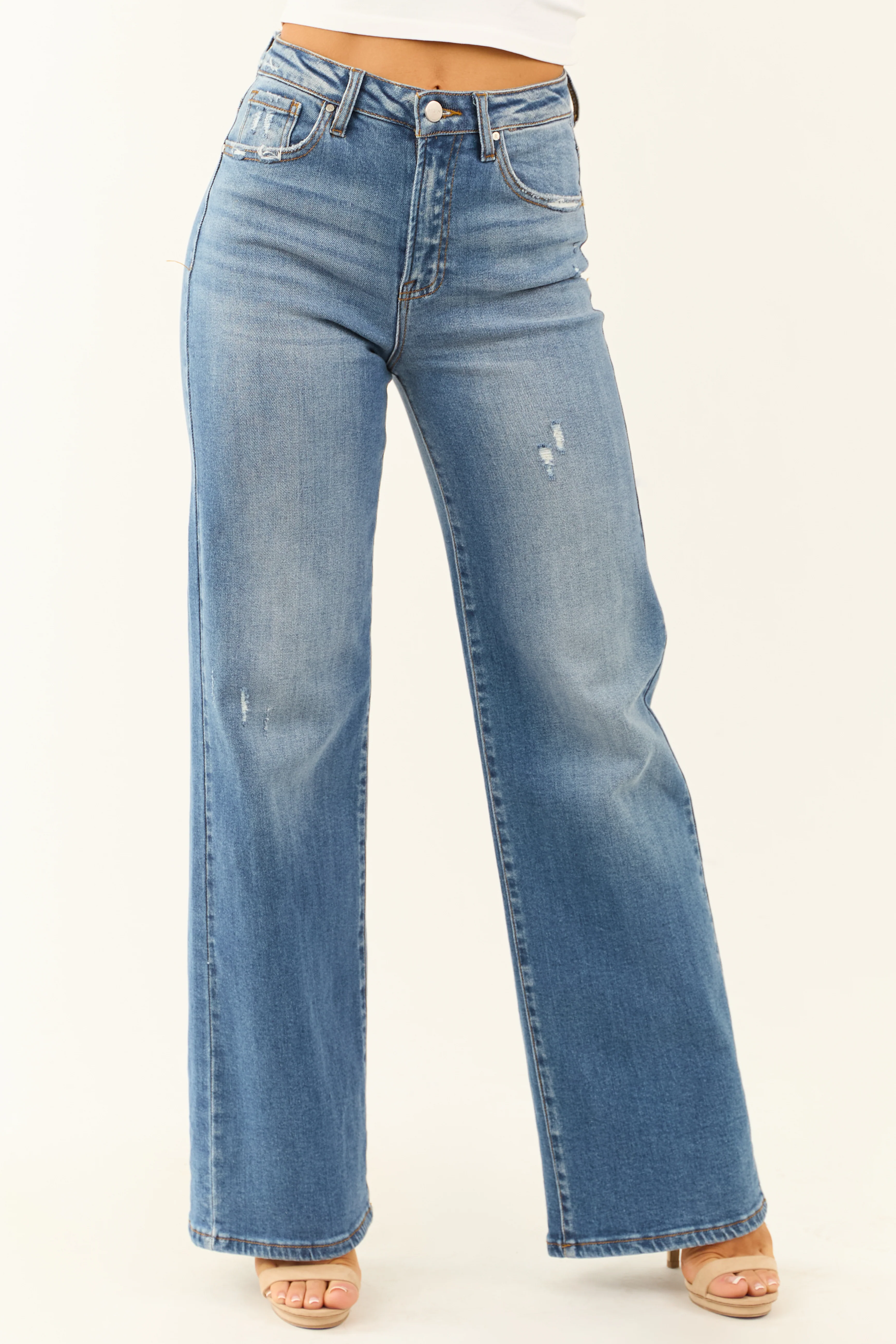 Risen Medium Wash Distressed Wide Leg Jeans - LD SALE
