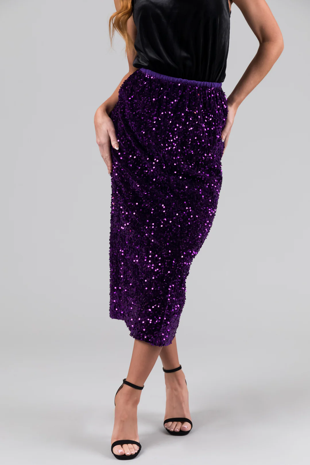 Grape Velvet Sequined Elastic Midi Skirt - LD SALE