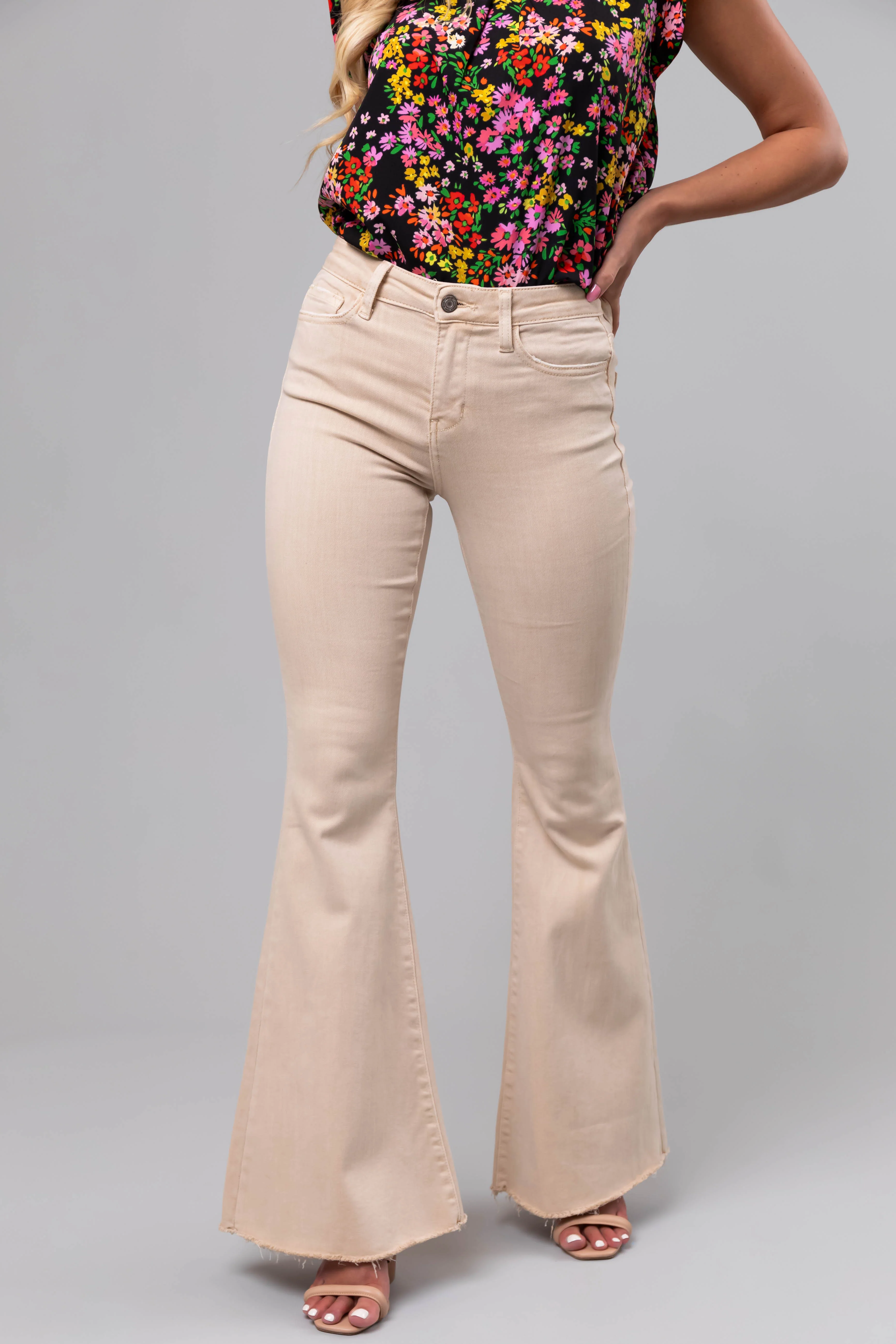 Vervet Sand High Rise Frayed Super Flare Jeans - LD SALE