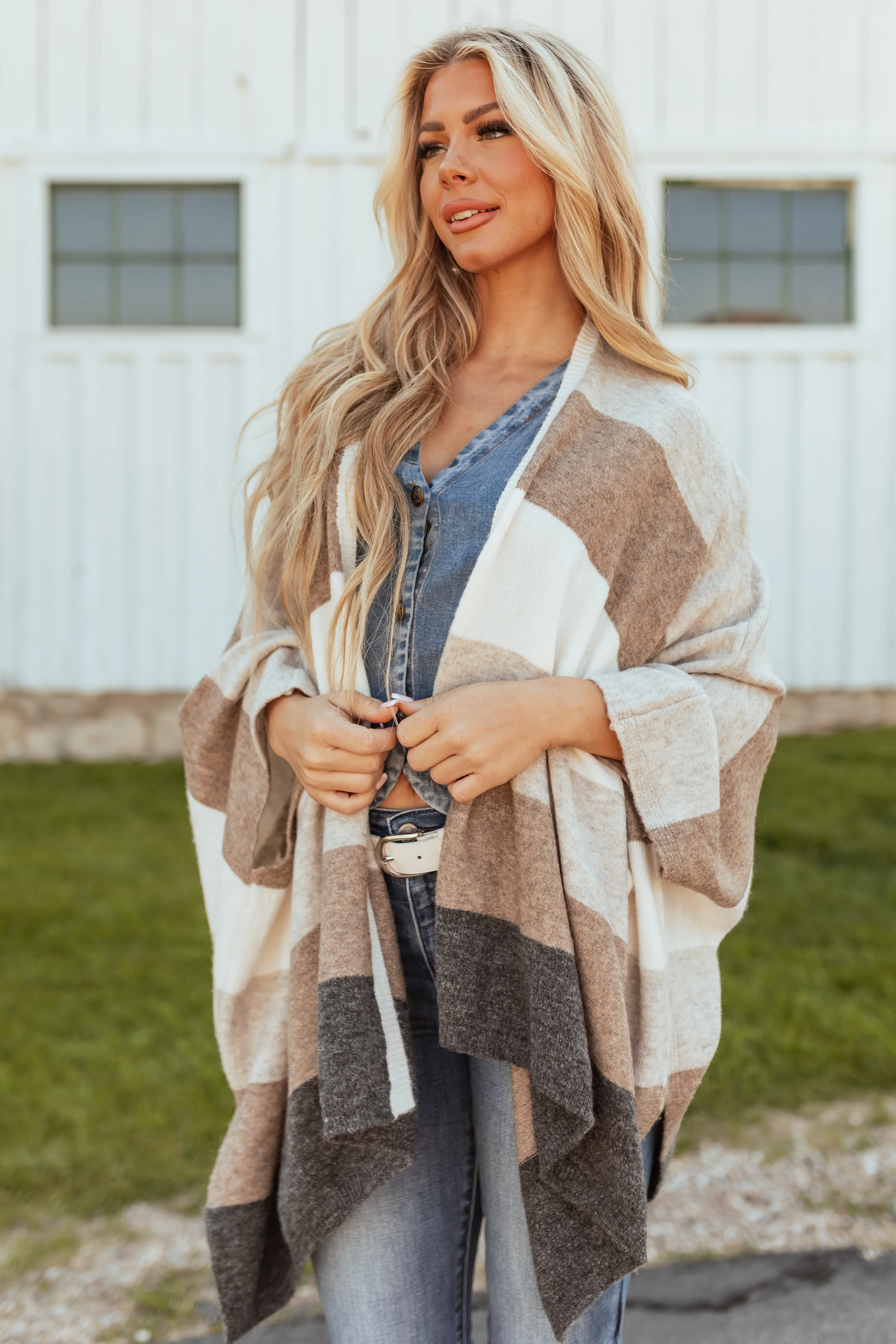 Coconut Thick Stripe Poncho Style Cardigan - LD SALE