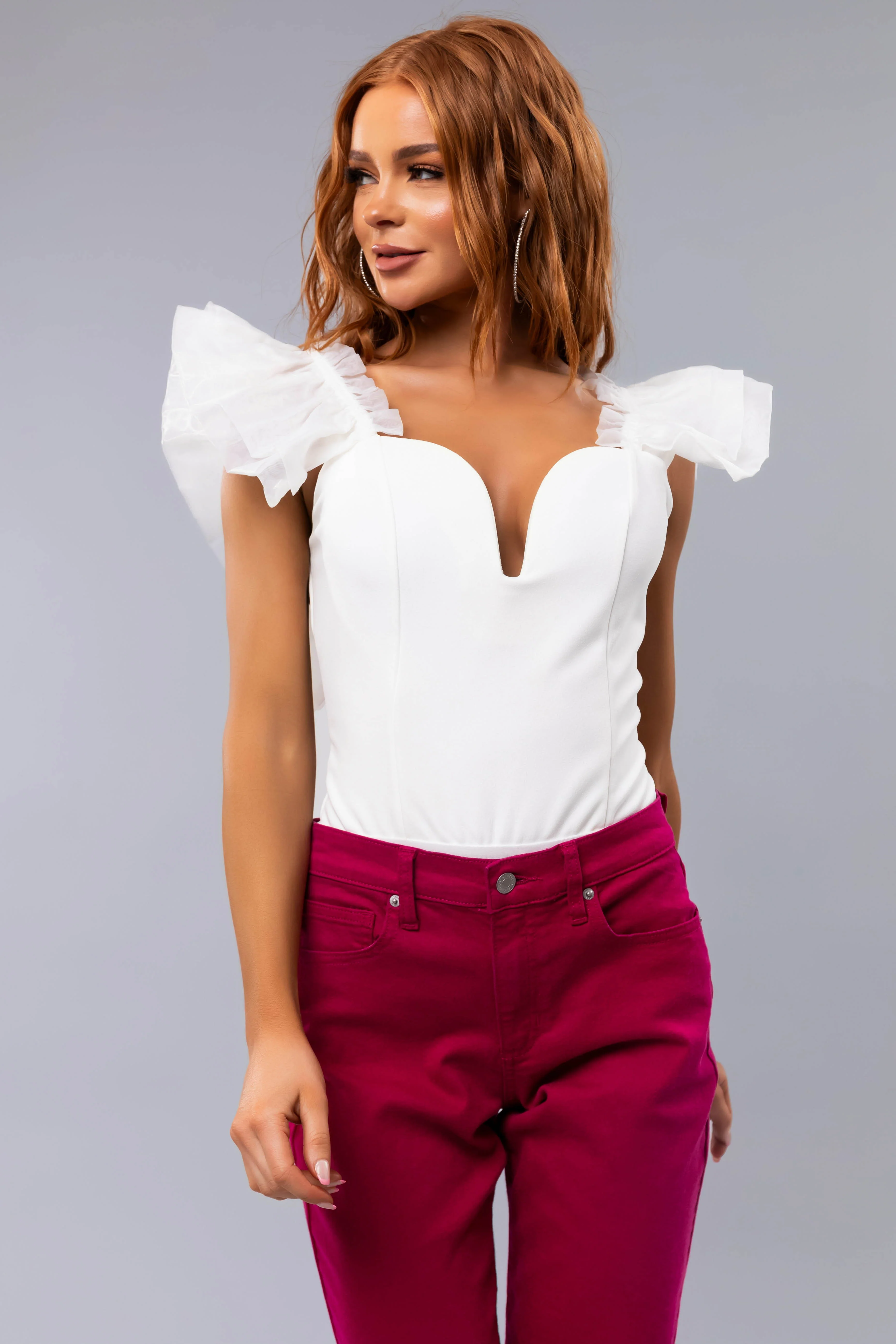 White Short Ruffle Sleeve Bodysuit - LD SALE