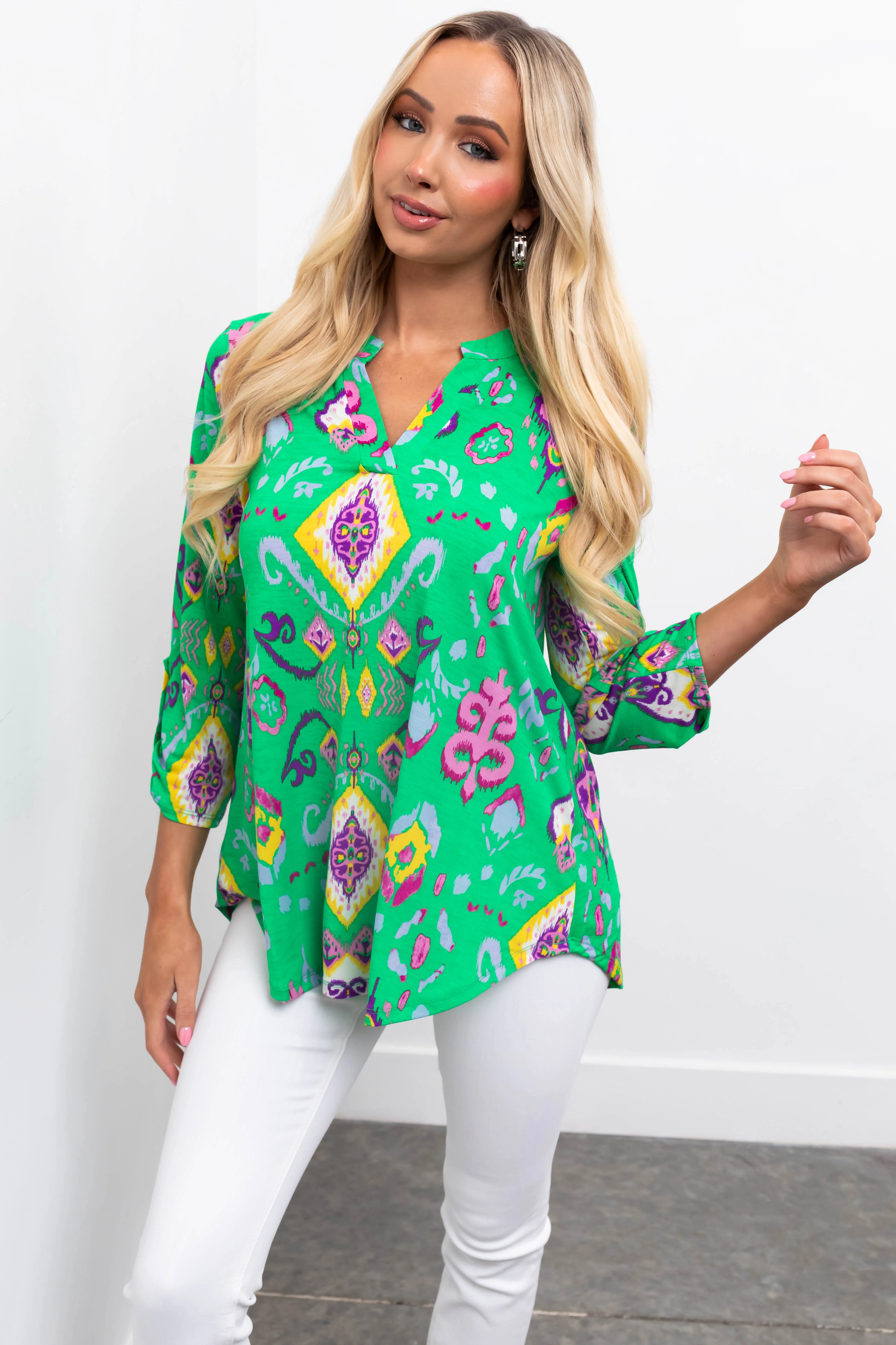 Kelly Green Printed 3/4 Sleeve Blouse - LD SALE