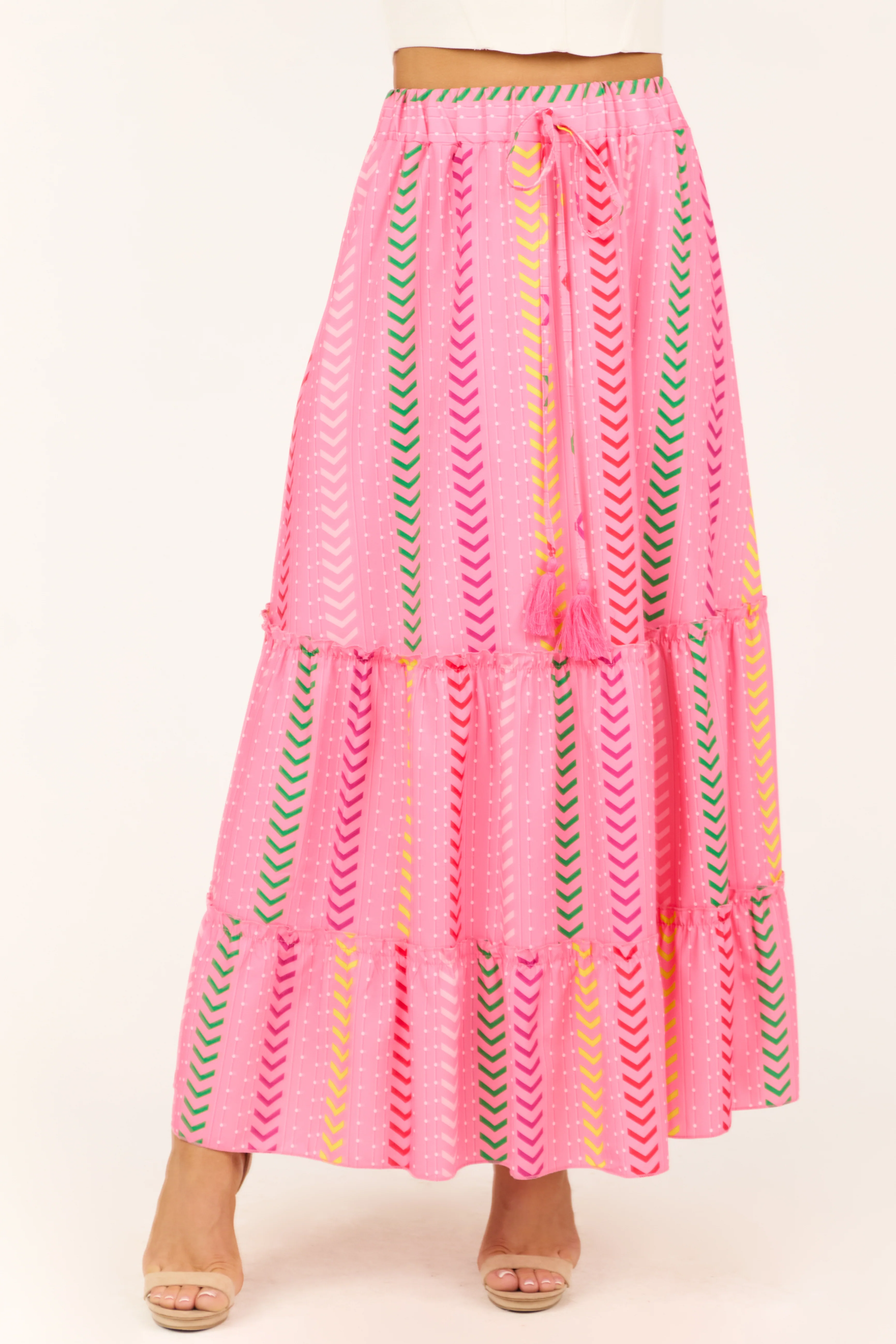 Bubblegum Chevron Print Ruffle Tiered Maxi Skirt - LD SALE